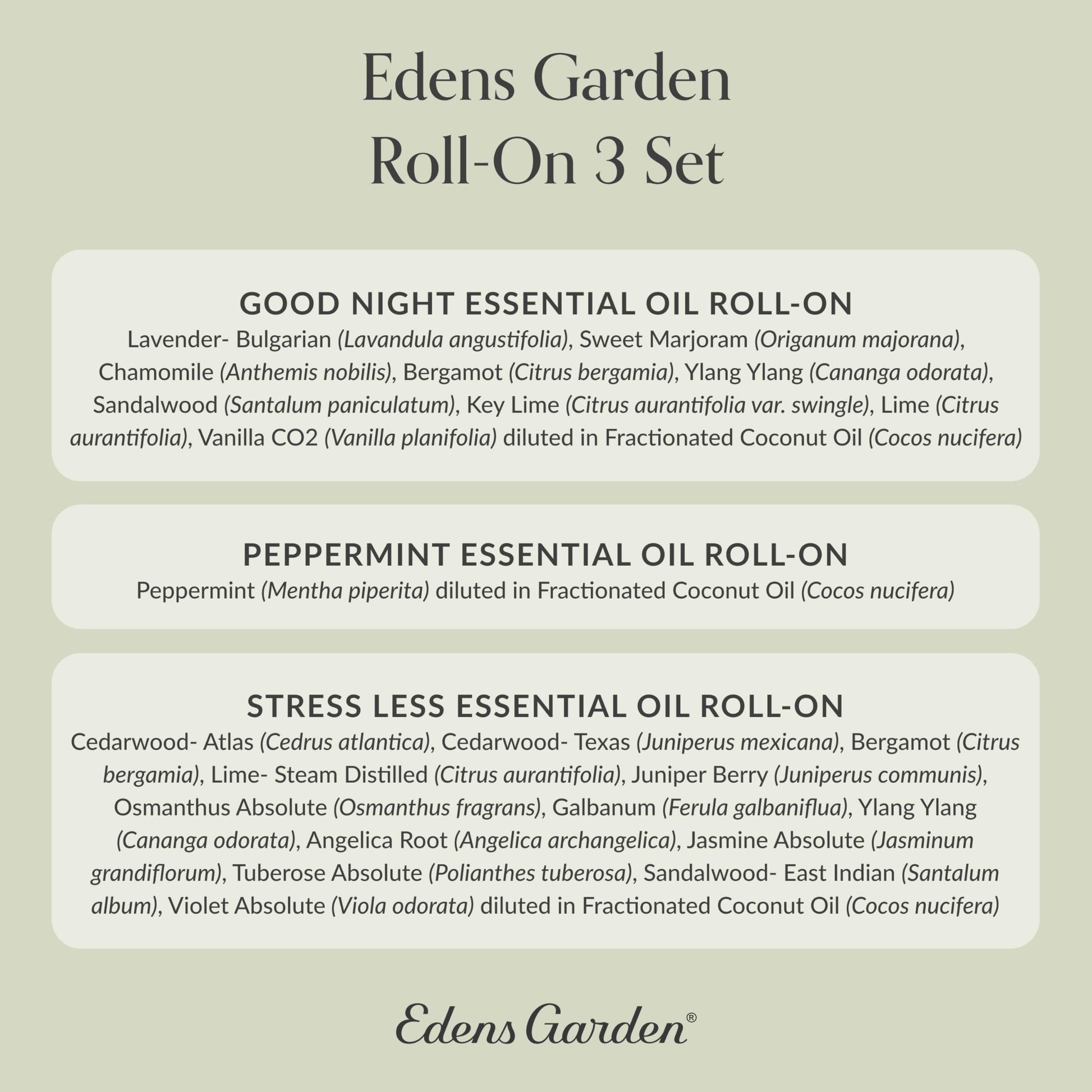 Edens Garden Essential Oil Roll-On Set (Good Night, Peppermint, Stress Less)- Aromatherapy Roller Edens Garden