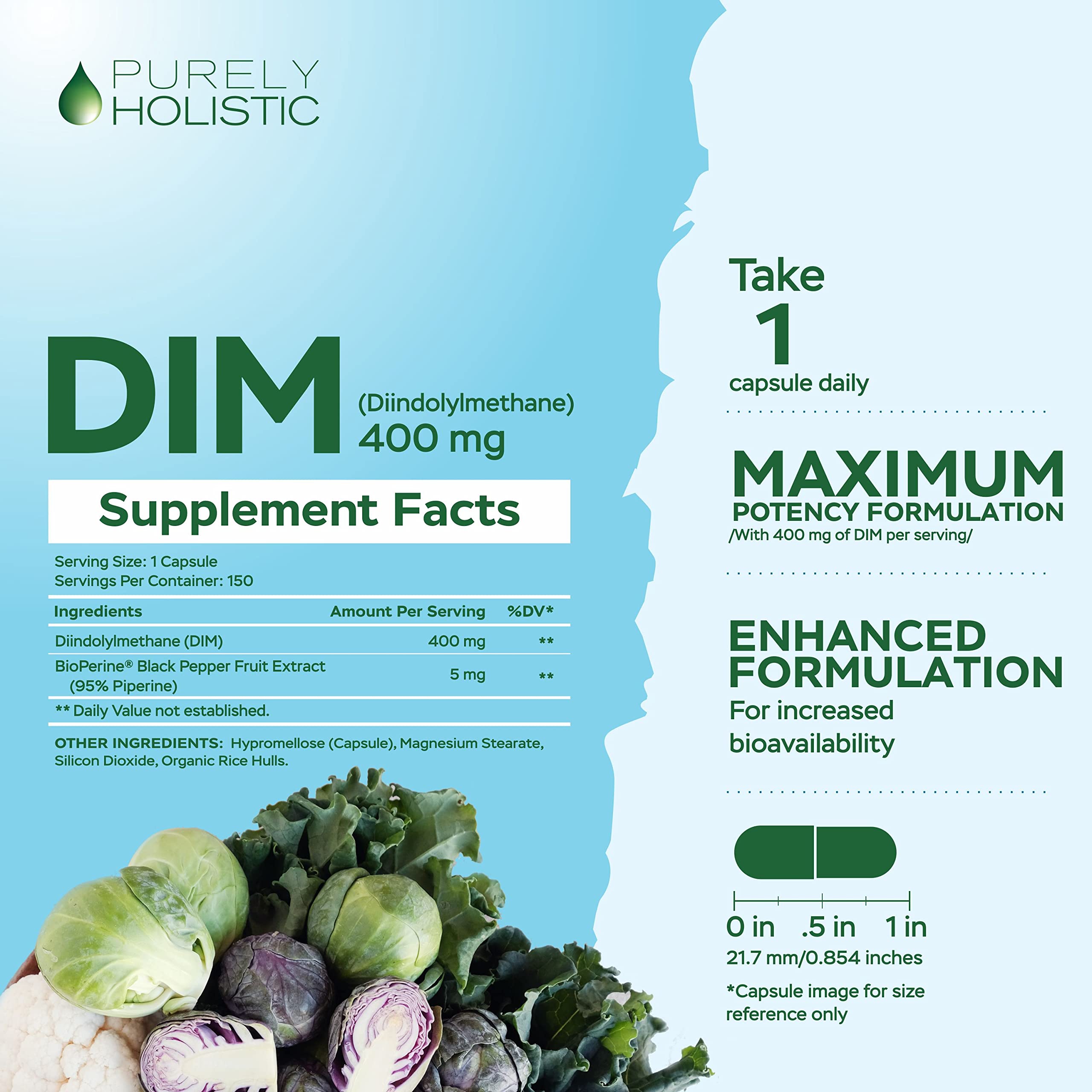 DIM Supplement 400mg Plus Bioperine - 150 Vegan Capsules - 5 Month Supply - Hormone Balance Purely Holistic