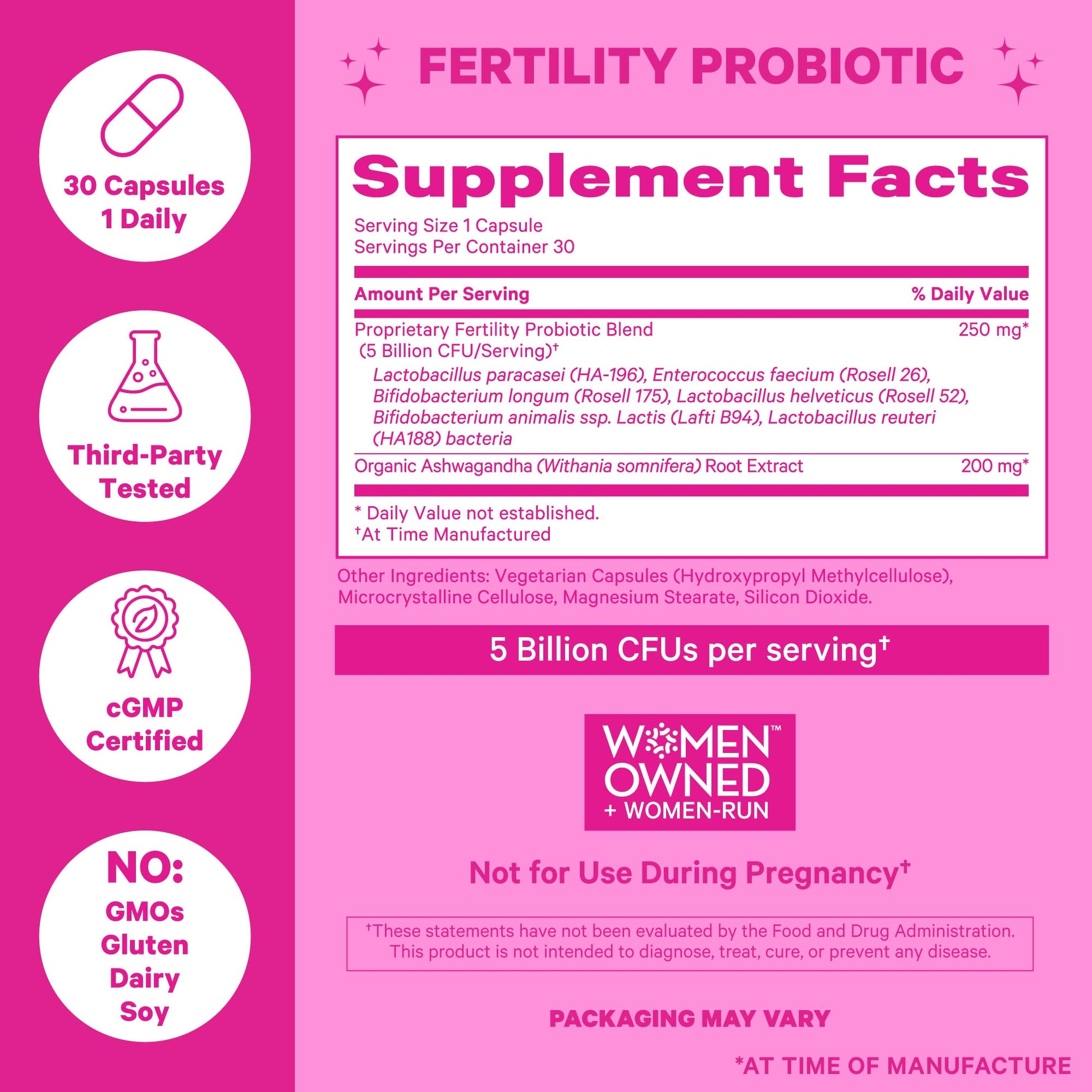 Pink Stork Fertility Support Probiotics for Women with Ashwagandha for Vaginal Health, Conception Pink Stork