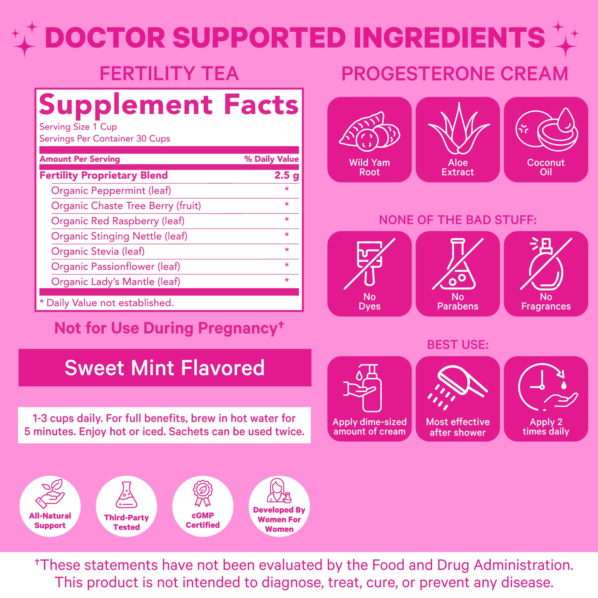 Pink Stork Fertility Tea and Progesterone Cream for Women, Fertility, Ovulation, Conception, and Hormone Balance for Women with Chaste Tree Berry (Vitex) - Duo Pink Stork