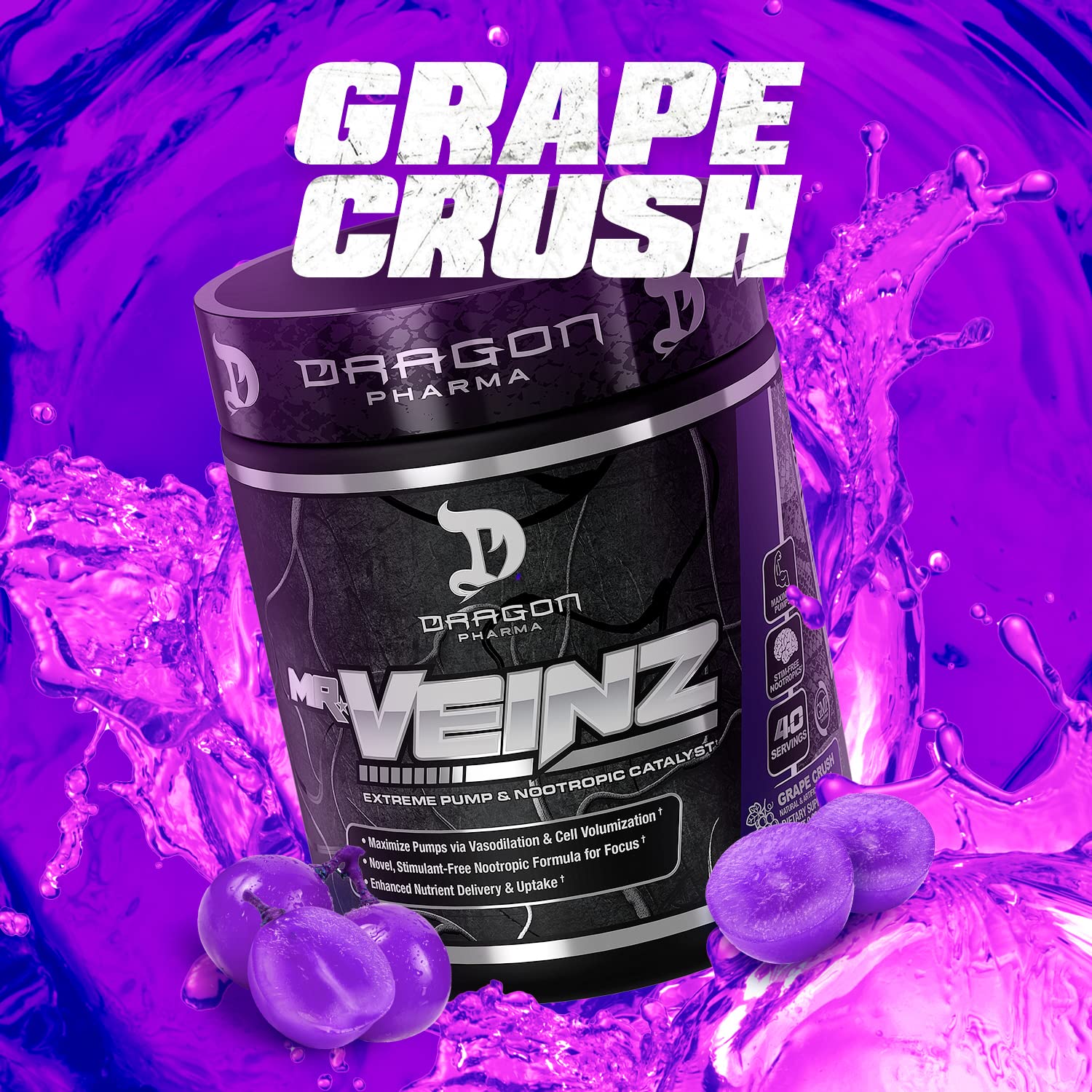 DRAGON PHARMA Mr. Veinz Stim Free Pre-Workout, Extreme Pump & Nootropic Catalyst, Maximize Pumps via Vasodilation & Cell Volumization, Stimulant-Free Formula for Focus (40 Servings, Apple Juice)