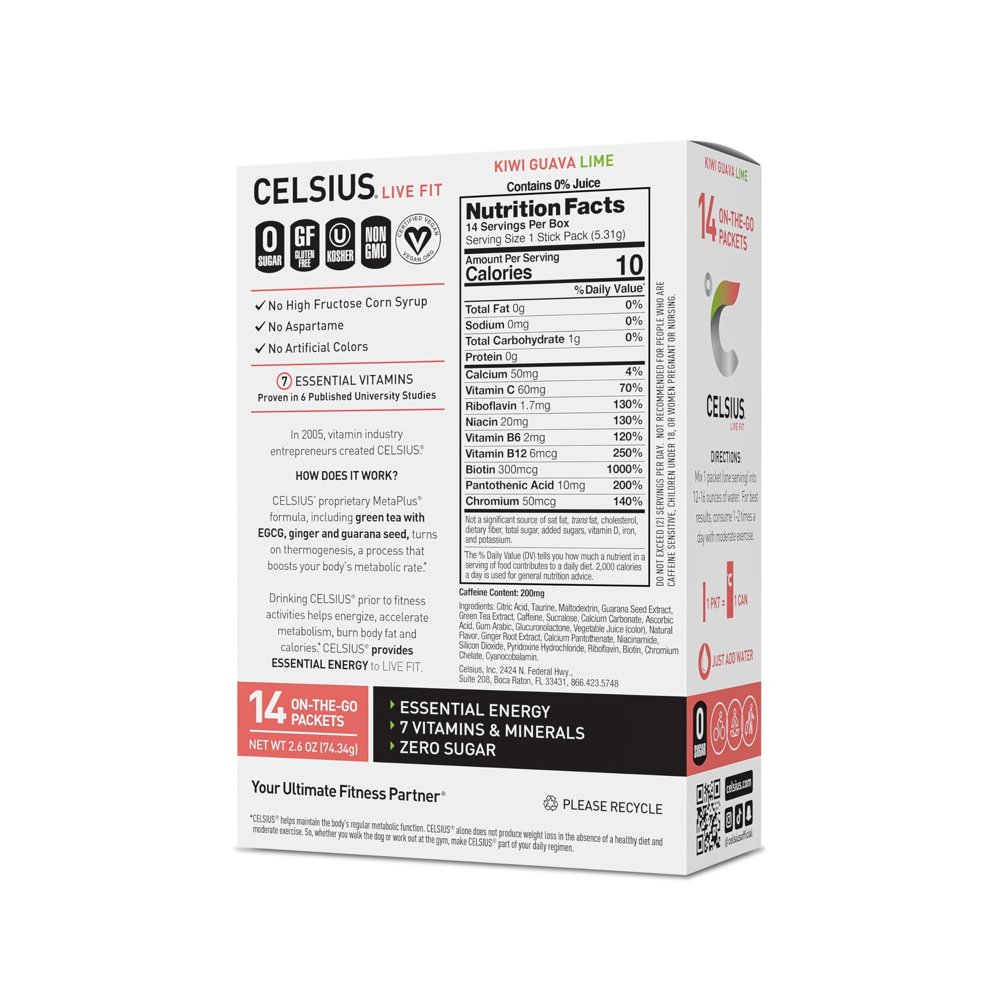 CELSIUS Kiwi Guava Lime On-the-Go Powder Stick Packs, Zero Sugar , 14 Count (Pack of 1) CELSIUS