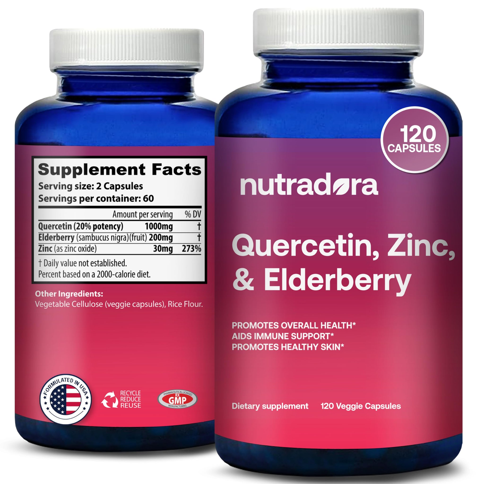 Nutradora Quercetin 1000mg Per Serving Veggie Capsules, Non-GMO