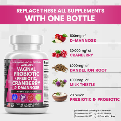 Vaginal Probiotics For Women + Prebiotics 20 Billion Cranberry Pills 30,000mg w/ D-Manno