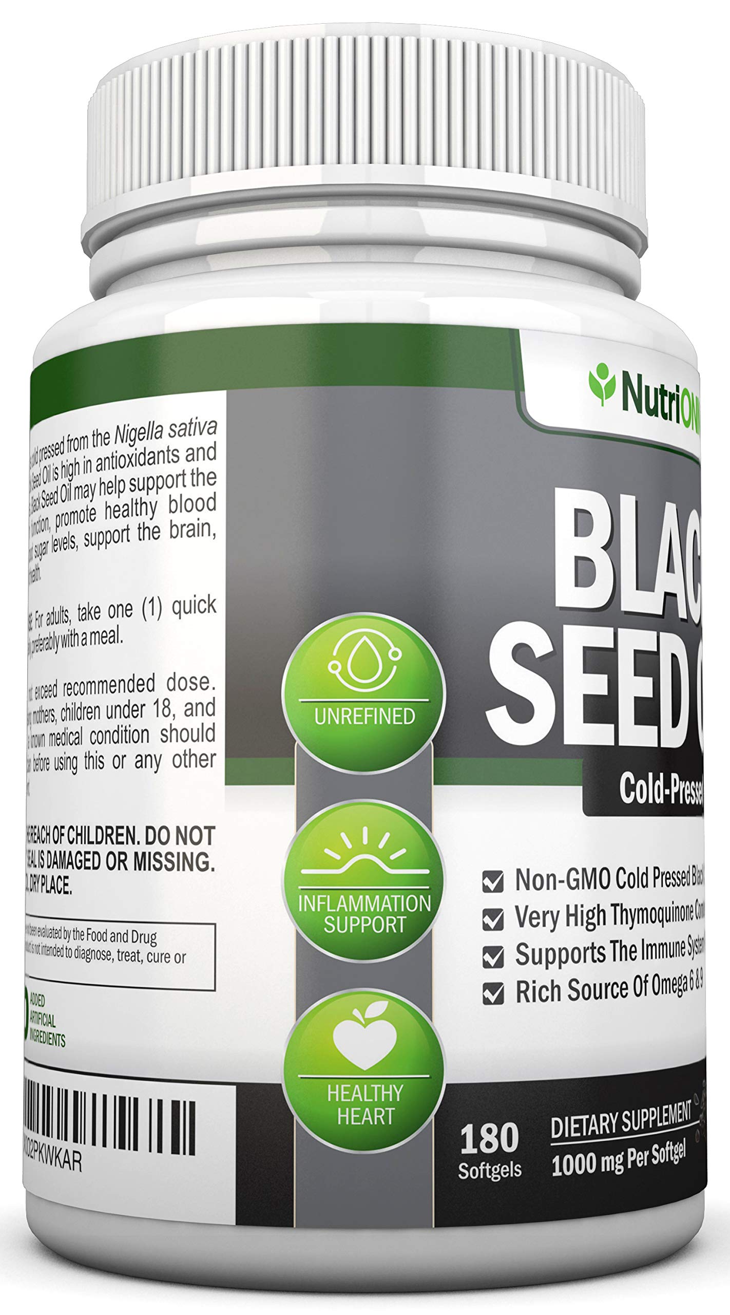 Black Seed Oil - 1000 Mg - 180 Softgels - Cold-Pressed Non-GMO Black Cumin Seed NutriONN