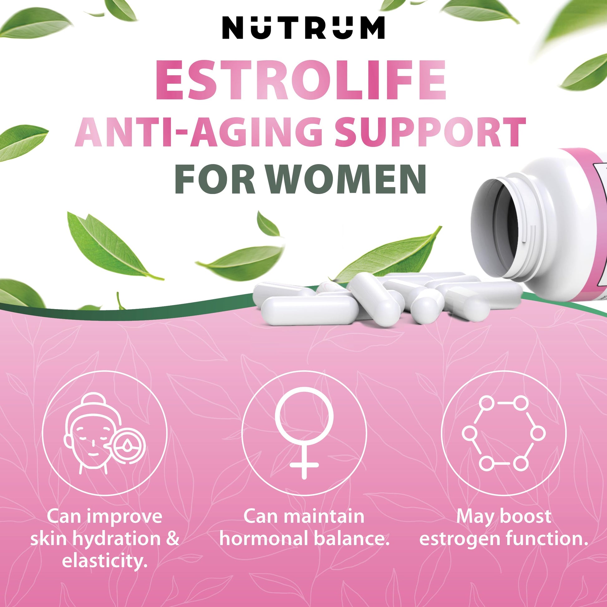 Estrolife Anti-Aging Support for Women by Nutrum, Vegan Supplement for Long Lasting Female Hormonal Balance Nutrum