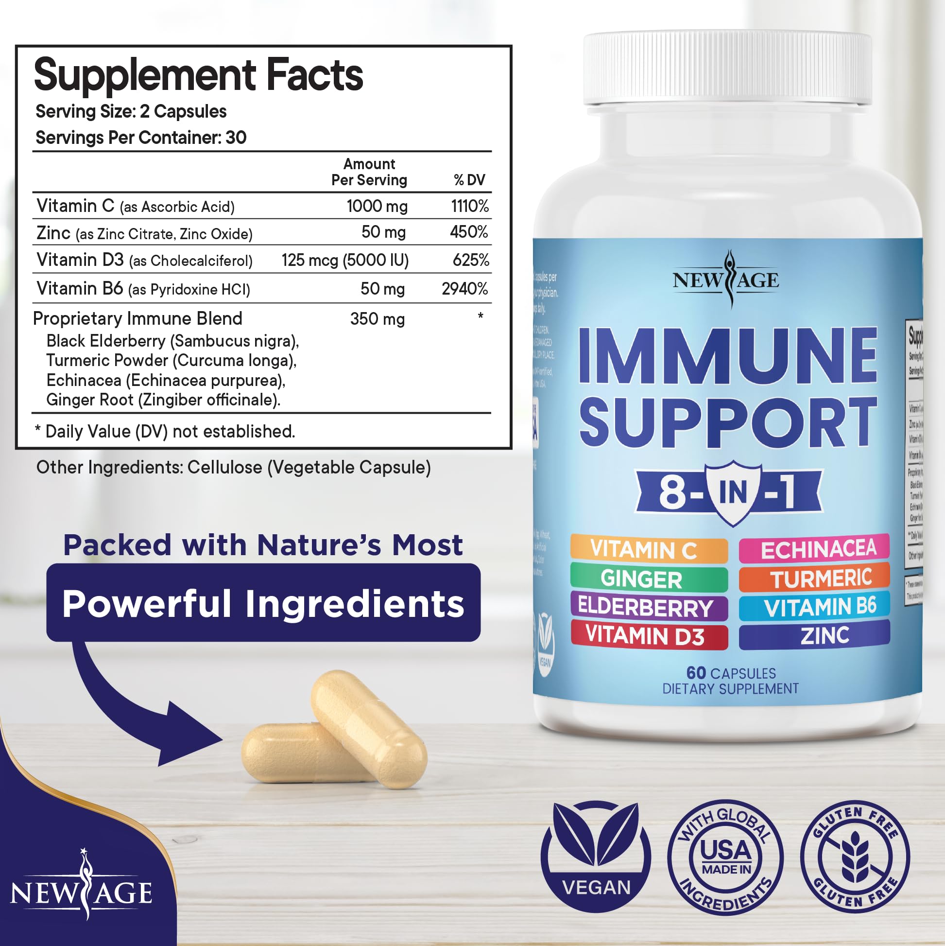 NEW AGE 8 in 1 Immune Support Booster Supplement with Echinacea, Vitamin C NEW AGE