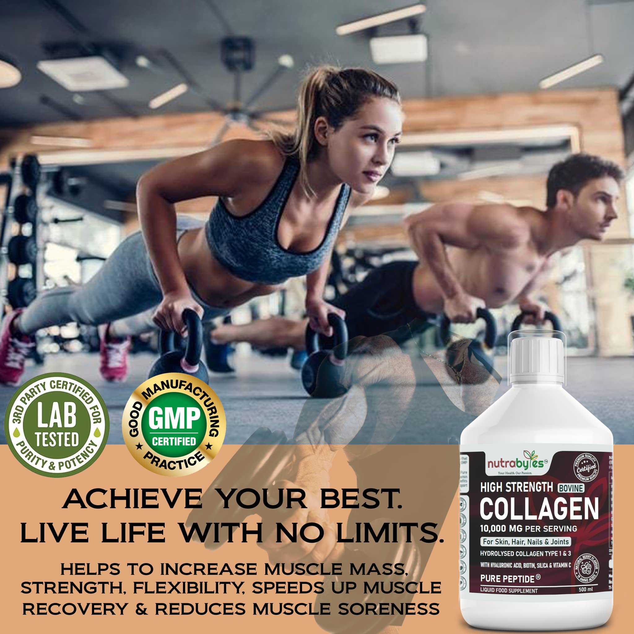 Collagen Liquid 10000mg, Hydrolysed Peptides | Hyaluronic Acid, Biotin, Silica, Vitamin C, Vitamin B12 NUTRABYTES