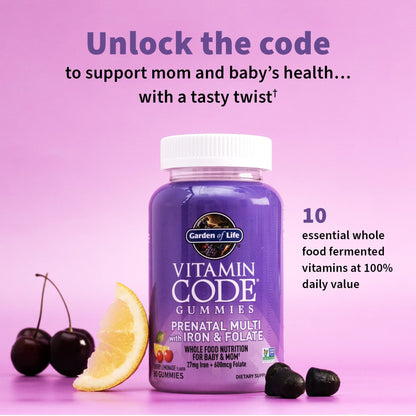 Garden of Life Prenatal Gummy Vitamins for Women with Iron:Folate,Biotin,D3&B12