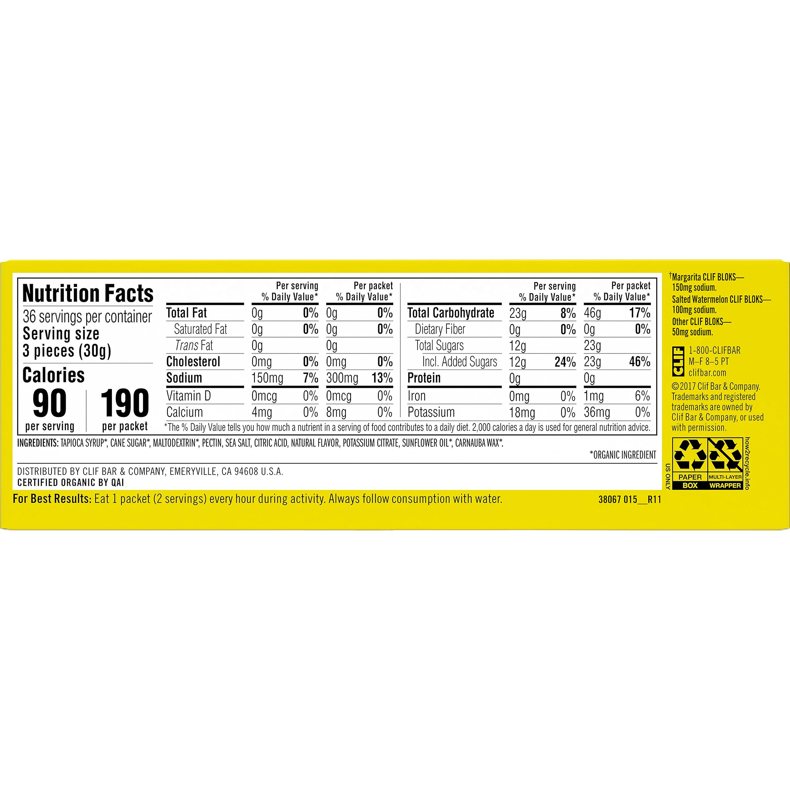 CLIF BLOKS - Margarita Flavor with 3X Sodium - Energy Chews - Non-GMO