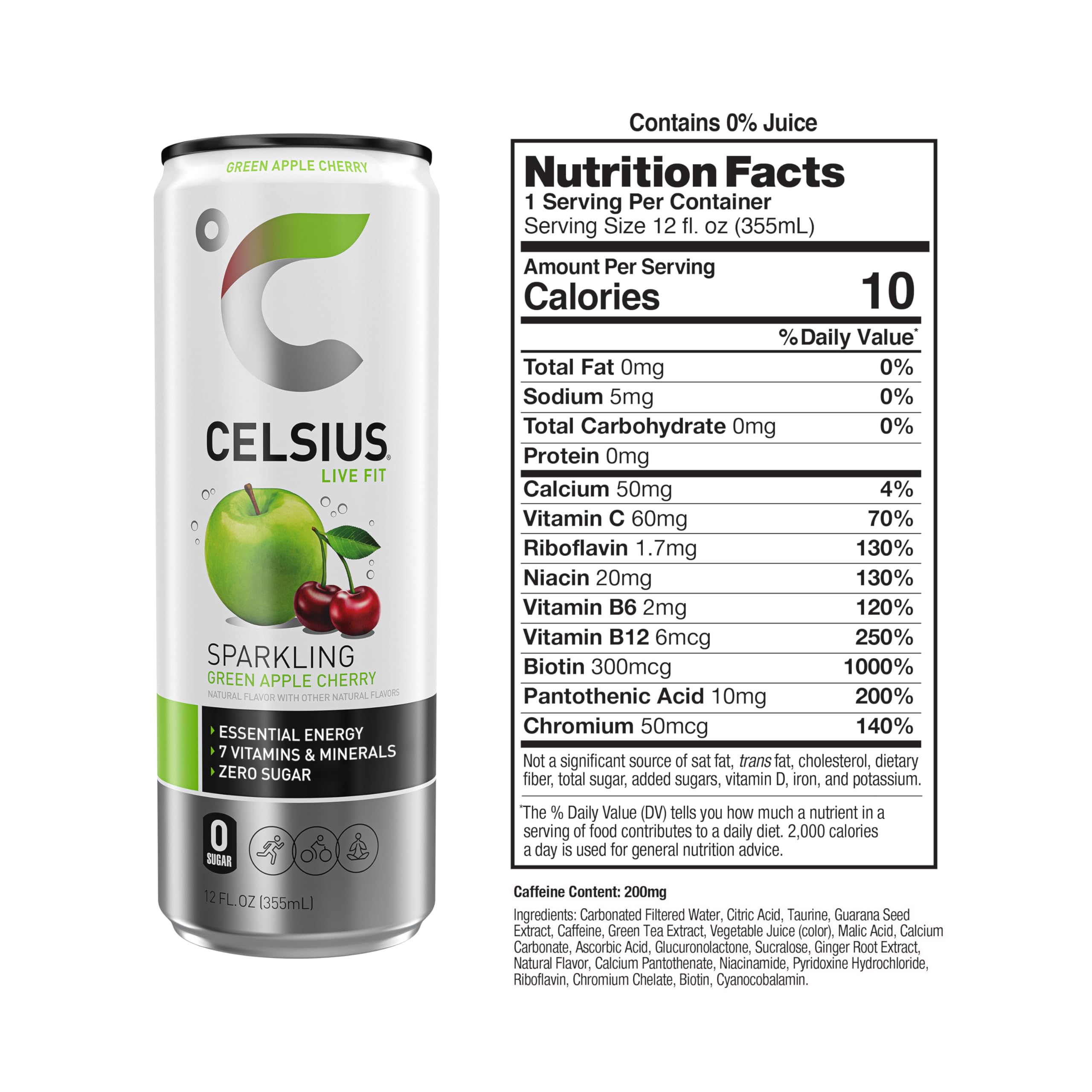 CELSIUS Sparkling Green Apple Cherry, Functional Essential Energy Drink, 12 Fl Oz CELSIUS