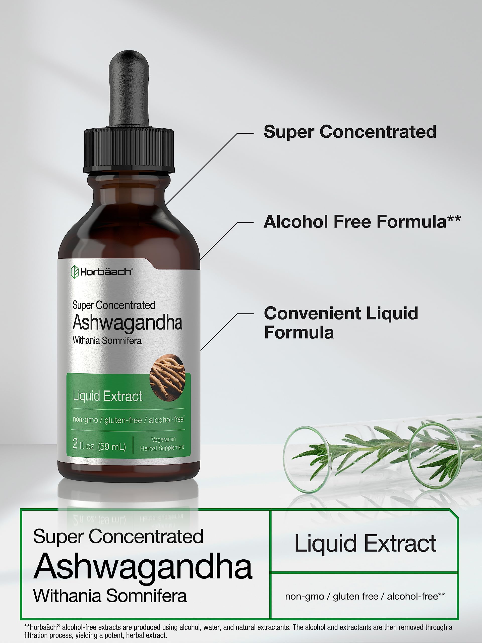Ashwagandha Root Liquid Extract | 2 fl oz | Alcohol Free Tincture | Vegetarian, Non-GMO, Gluten Free Supplement | by Horbaach Horbäach