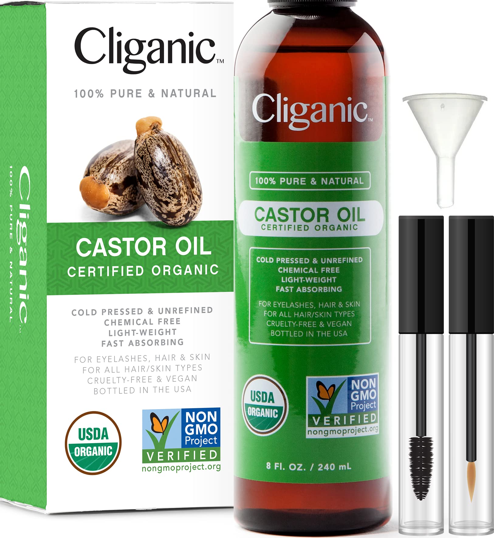 Cliganic USDA Organic Castor Oil, 100% Pure (8oz with Eyelash Kit) - For Eyelashes, Eyebrows, Hair & Skin