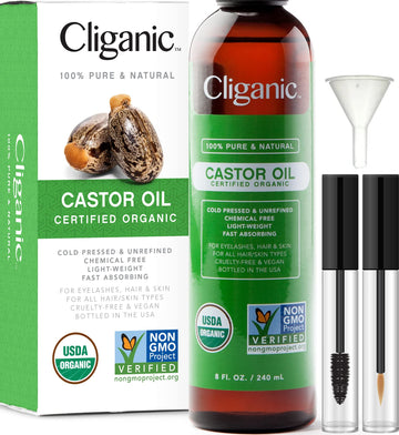 Cliganic USDA Organic Castor Oil, 100% Pure (8oz with Eyelash Kit) - For Eyelashes, Eyebrows, Hair & Skin