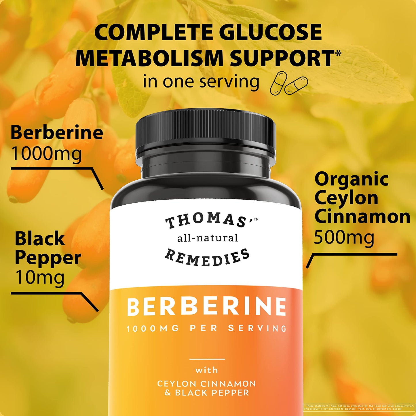 Thomas' all-natural Remedies Berberine 500mg (1000mg Per Serving)- 120 Vegan Capsules