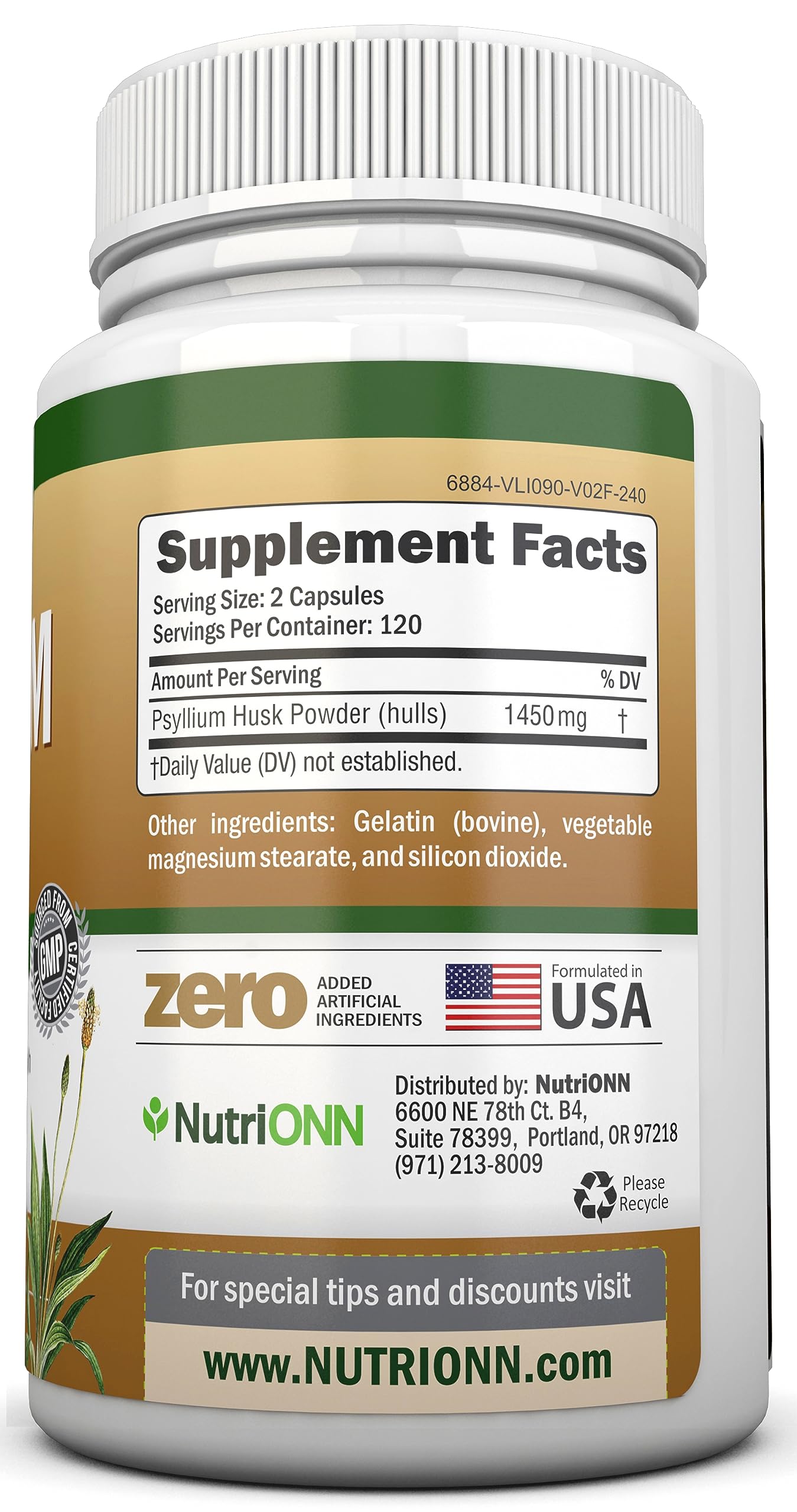 NutriONN PSYLLIUM Husk Capsules - 1450mg Per Serving - 240 Capsules - Double Strength NutriONN