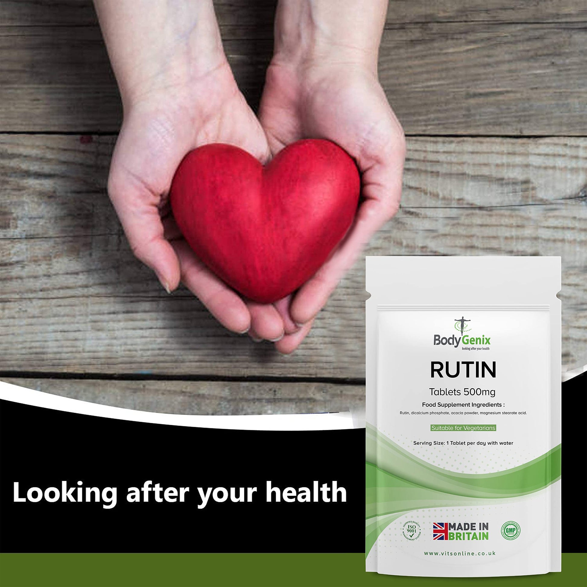 Bodygenix Rutin 500mg Tablets CAPILLARIES, VARICOSE Veins, Hemorrhoids Veg Friendly Bodygenix