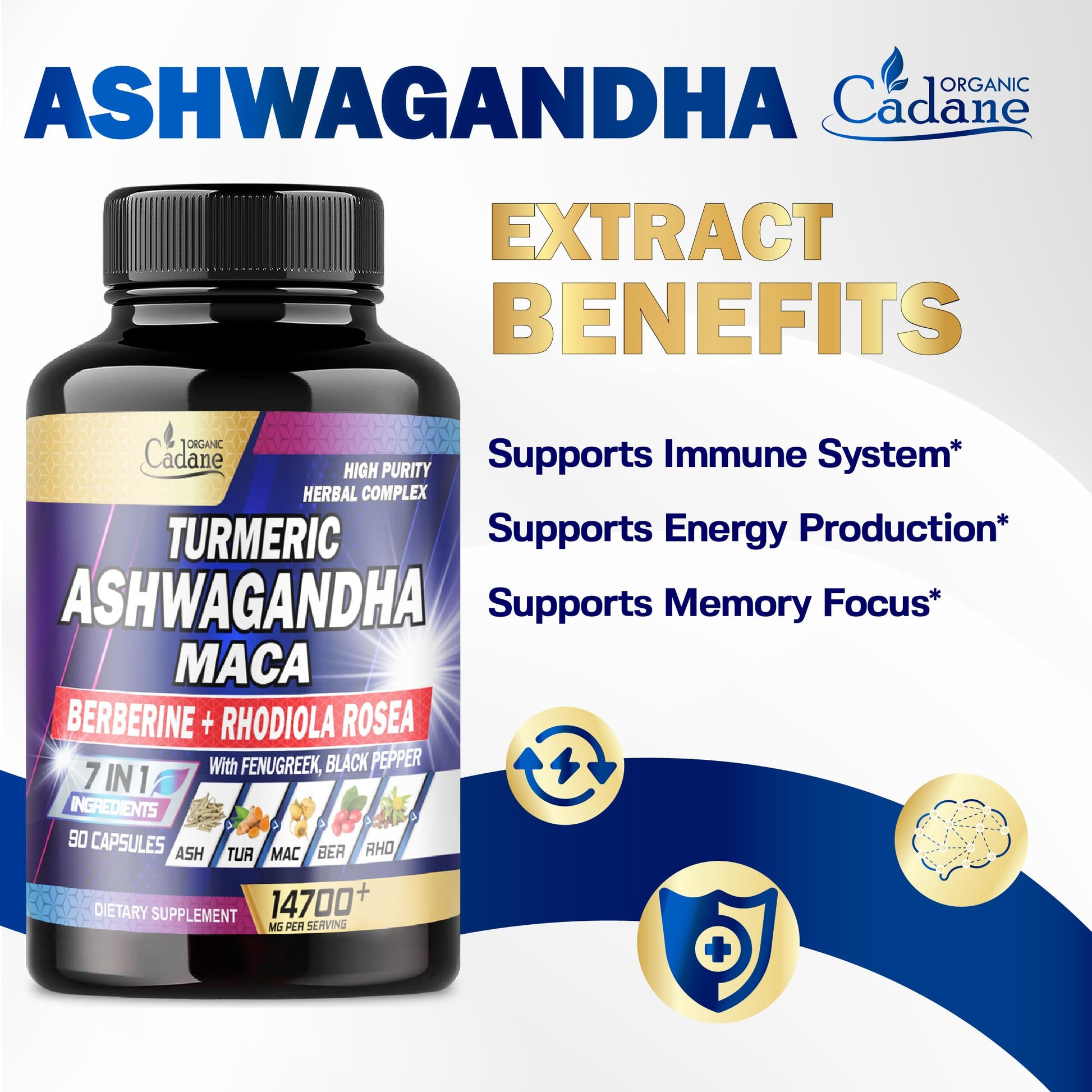 Ashwagandha Supplements 14700mg - Memory, Immune System & Strength Support Organic Cadane