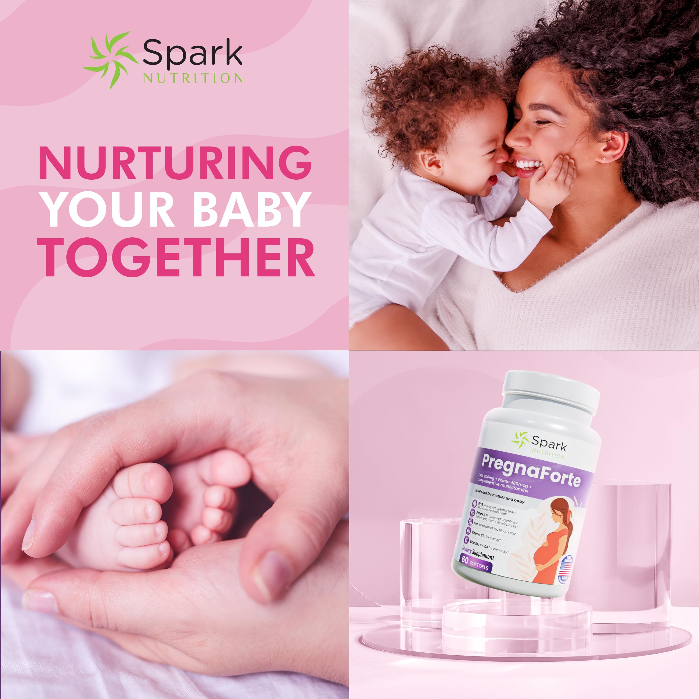 Pregnaforte Prenatal Multivitamin 60 days: Folic acid, Omega-3 DHA/EPA, Vitamins A, B6, B12, C, D3, E Spark Nutrition
