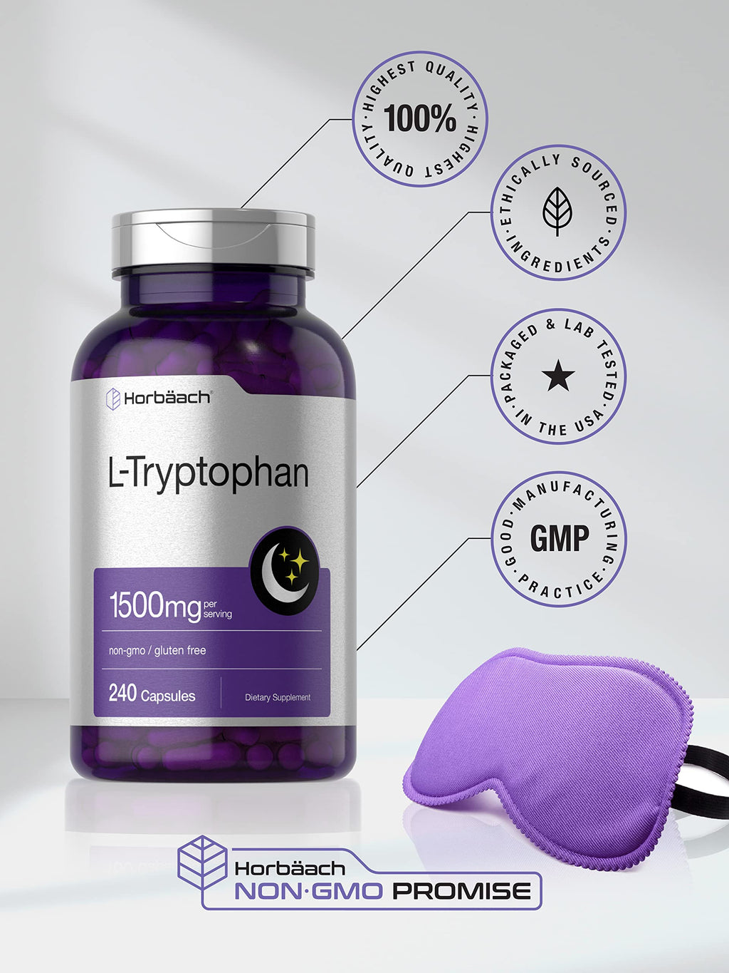 L Tryptophan 1500mg Capsules | 240 Count | Nighttime Formula | Non-GMO, Gluten Free