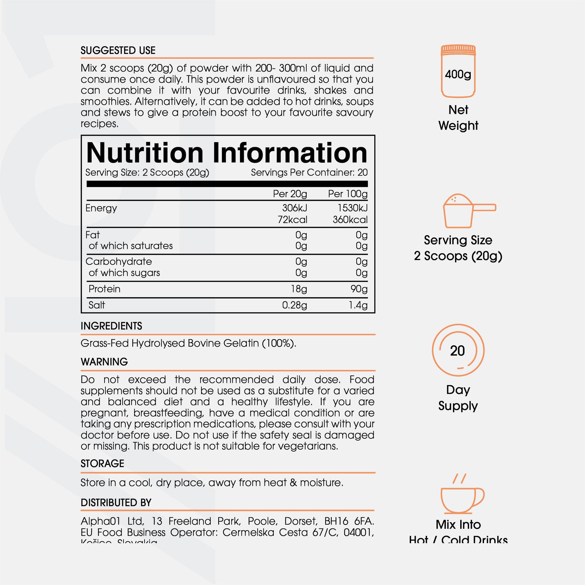 Bone Broth Beef Protein Powder - 400g - Unflavoured - 100% Grass-Fed & Pasture Raised Beef ALPHA01