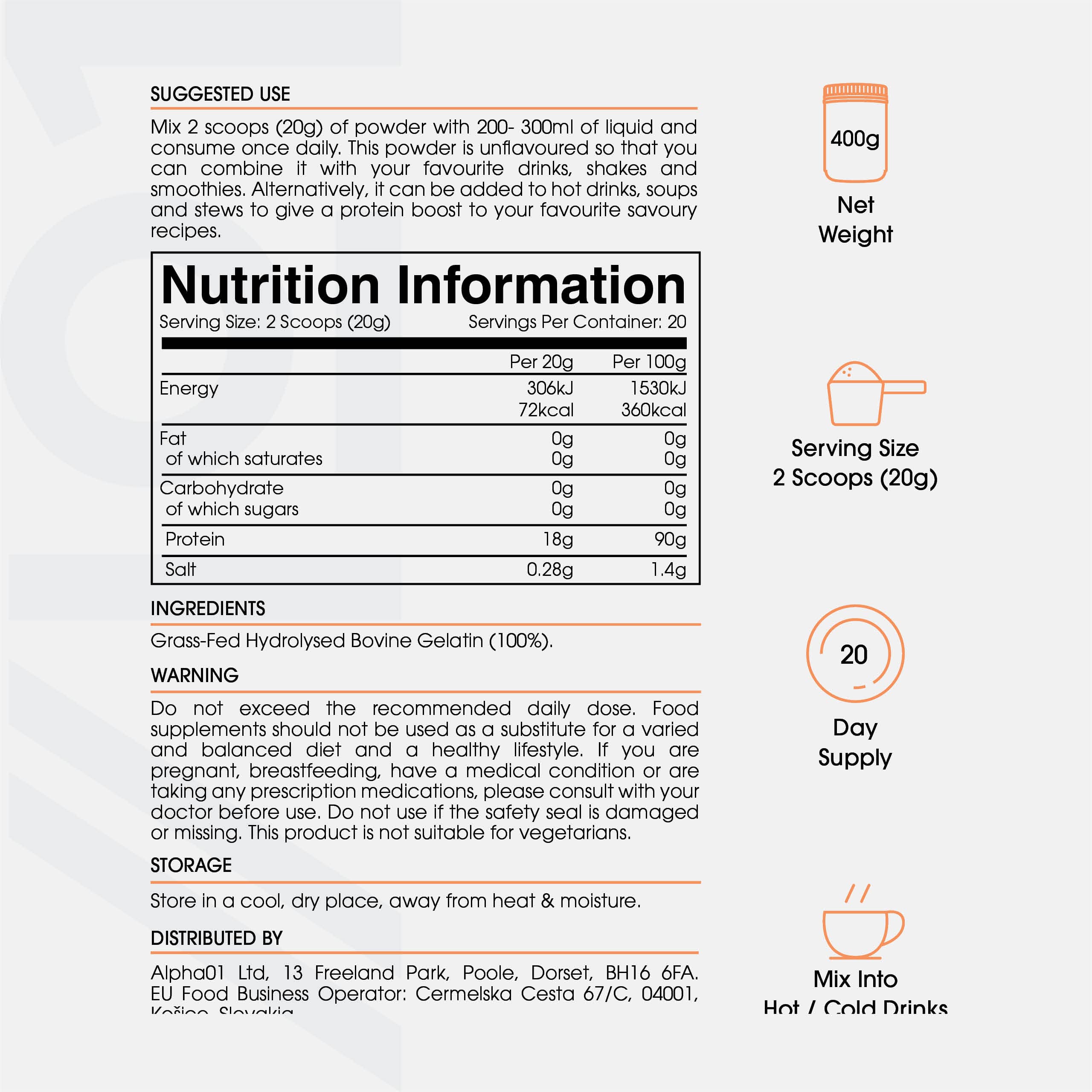 Bone Broth Beef Protein Powder - 400g - Unflavoured - 100% Grass-Fed & Pasture Raised Beef ALPHA01