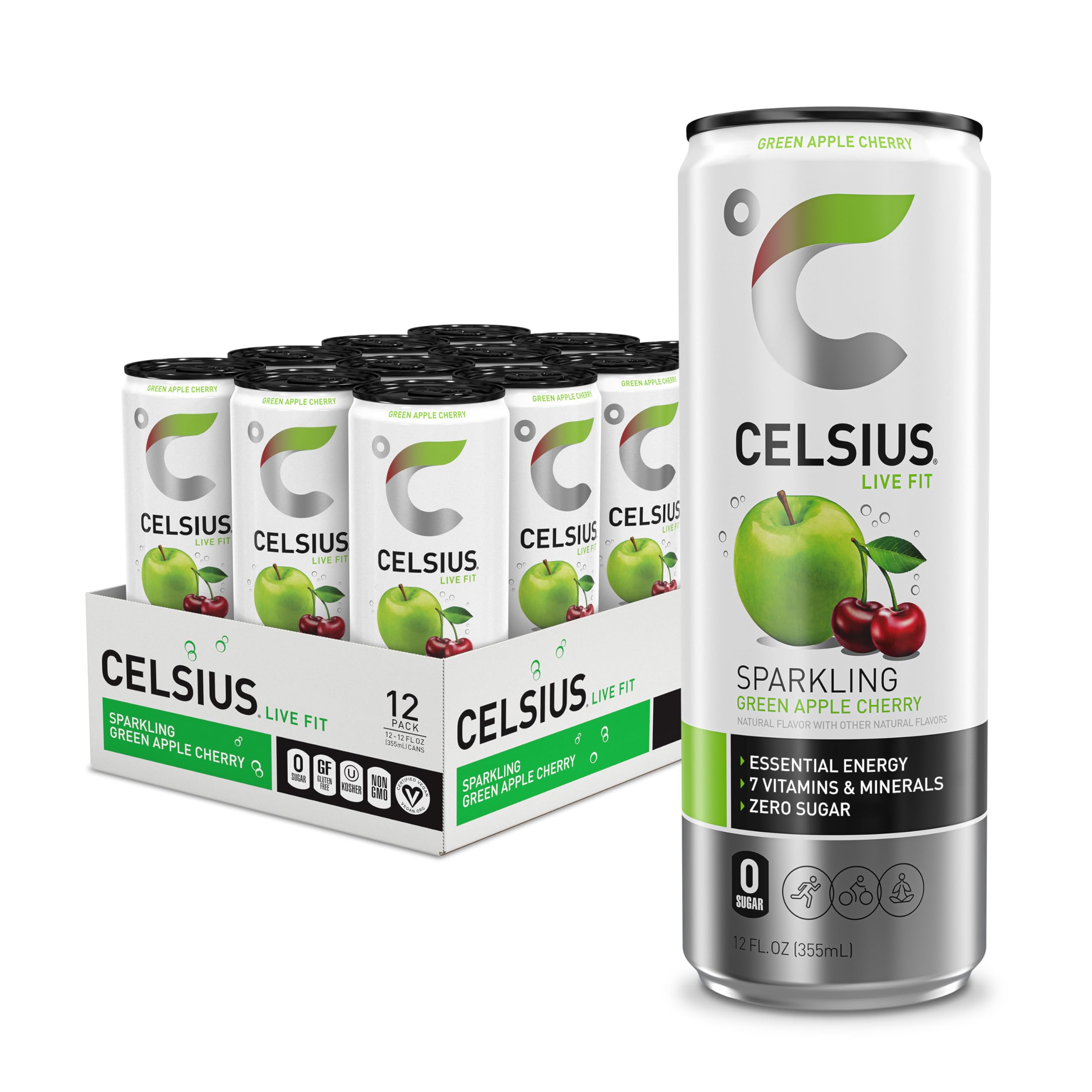 CELSIUS Sparkling Green Apple Cherry, Functional Essential Energy Drink, 12 Fl Oz 
