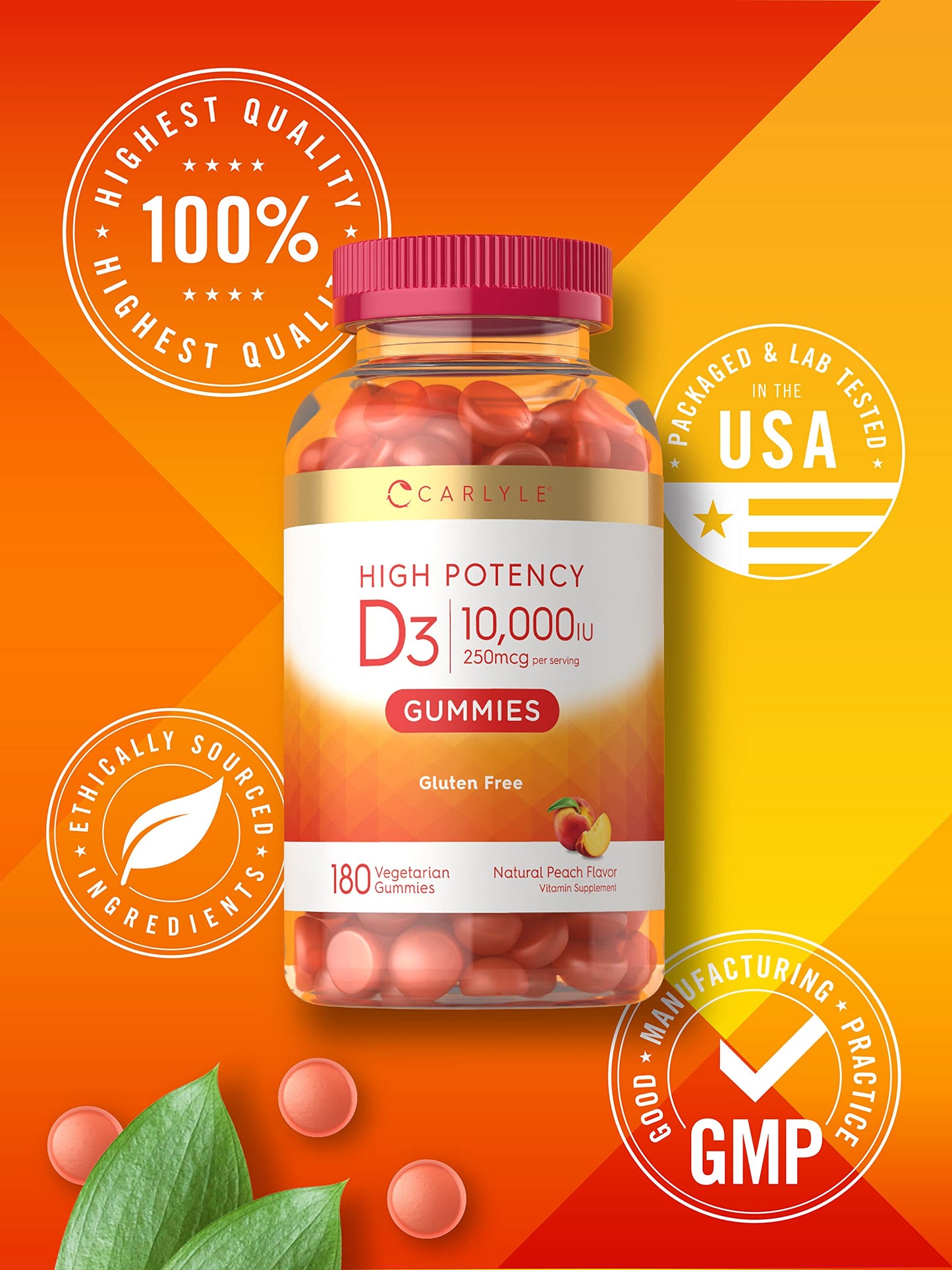 Carlyle Vitamin D3 Gummies | 10,000 iu | 180 Count | Vegetarian, Non-GMO