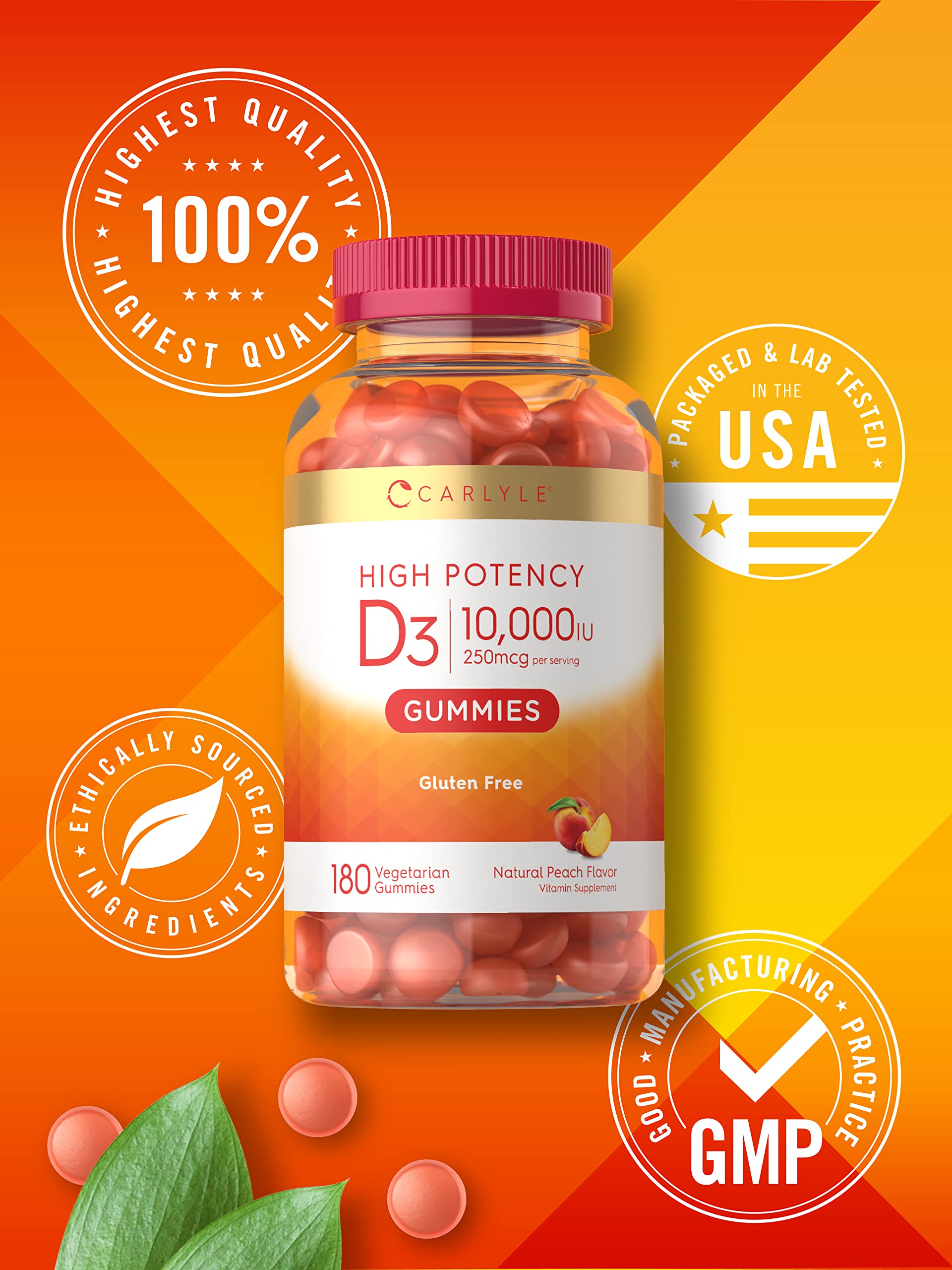 Carlyle Vitamin D3 Gummies | 10,000 iu | 180 Count | Vegetarian, Non-GMO Carlyle