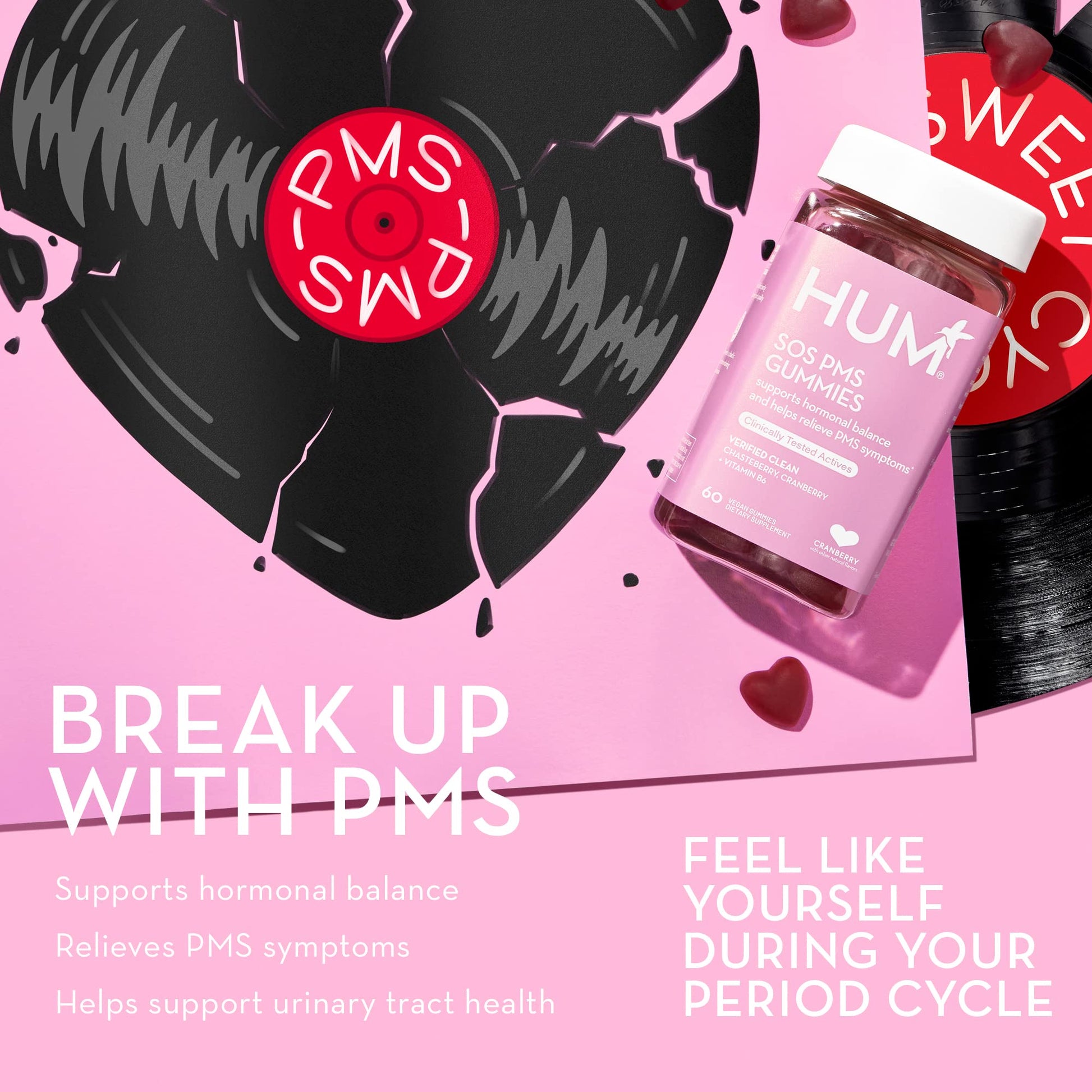 HUM Nutrition SOS PMS Gummies, Helps Relieve PMS Symptoms, Bloating Relief, Mood Swings, Hormonal Balance HUM