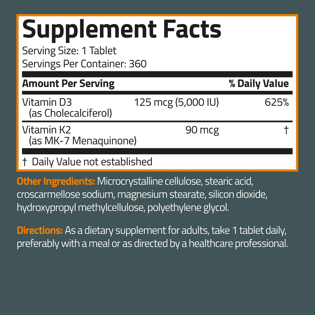 Bronson Basics Vitamin K2 D3 (MK7) Supplement Non-GMO Formula 5000IU (125 mcg) 
