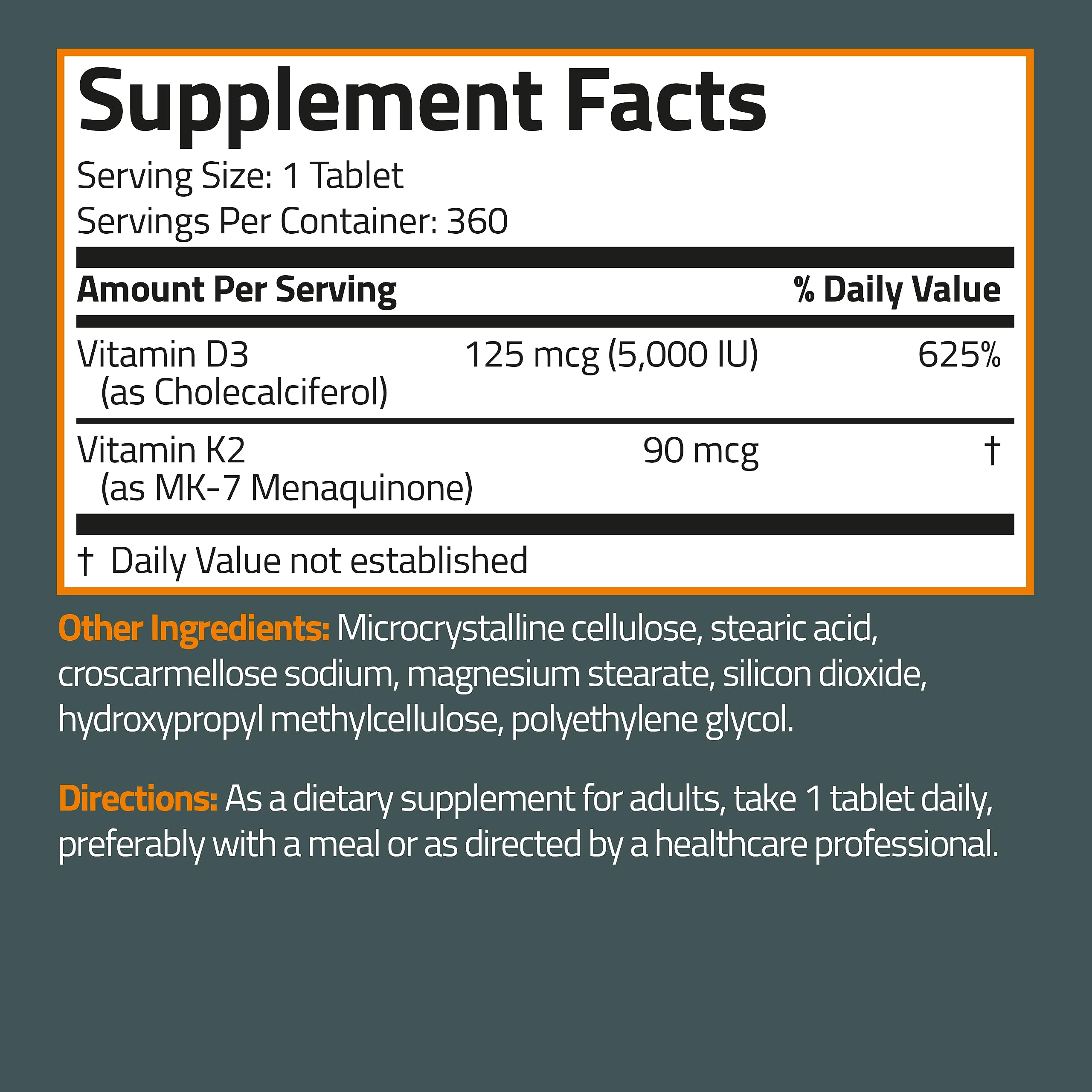 Bronson Basics Vitamin K2 D3 (MK7) Supplement Non-GMO Formula 5000IU (125 mcg) Bronson