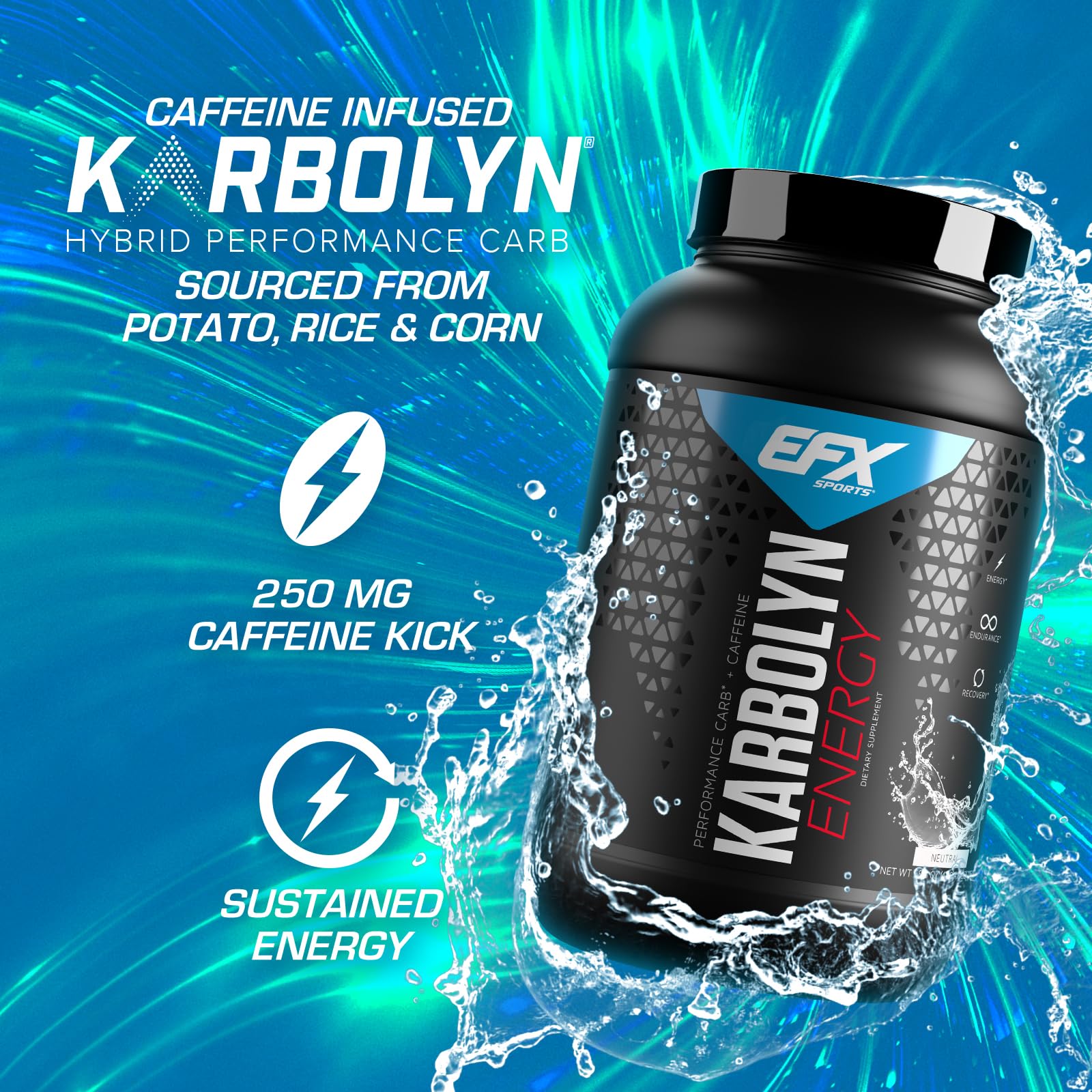 EFX Sports Karbolyn Energy | Performance Carbohydrate Powder + Caffeine | Carb Load & Energize | 250mg Caffeine | Sugar Free | 38 Servings (Neutral)