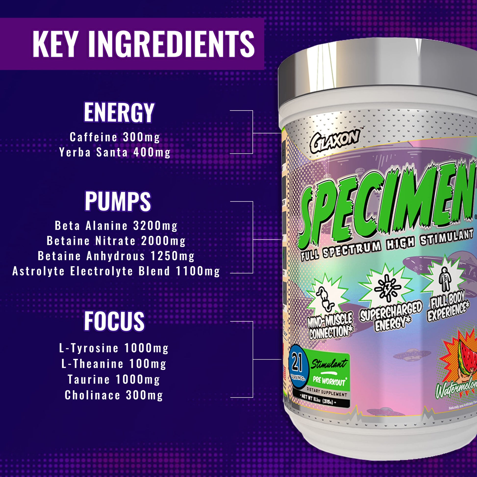 Glaxon Specimen High Stimulant Pre Workout Powder, Preworkout with 300mg Caffeine and 3200mg Beta Alanine Per Serving for Workout-Dominating Energy, Focus, and Pump (Alien Pop)