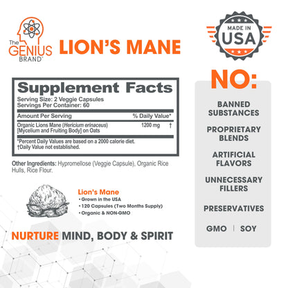 Genius Lions Mane Supplement Capsules - Organic Nootropic Supplement, 1200mg per