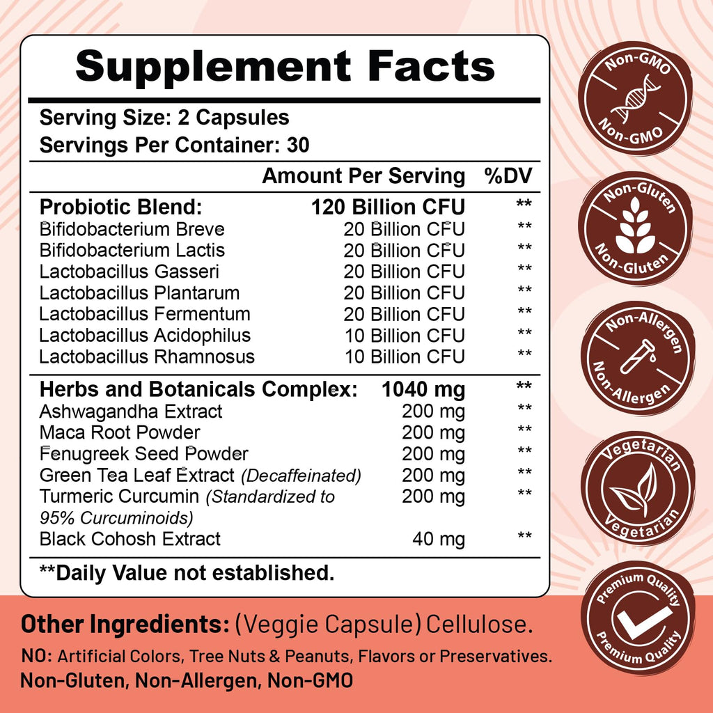 Menopause supplements for women, 120 Billion CFU Probiotic, 13-in-1 Herbs & Botanicals Complex