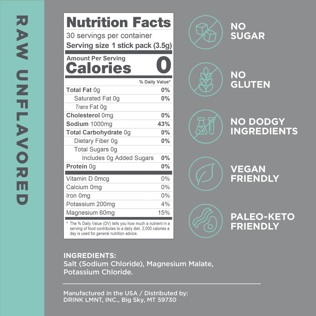 LMNT Zero-Sugar Electrolytes - Raw Unflavored Salt - Hydration Powder Packets