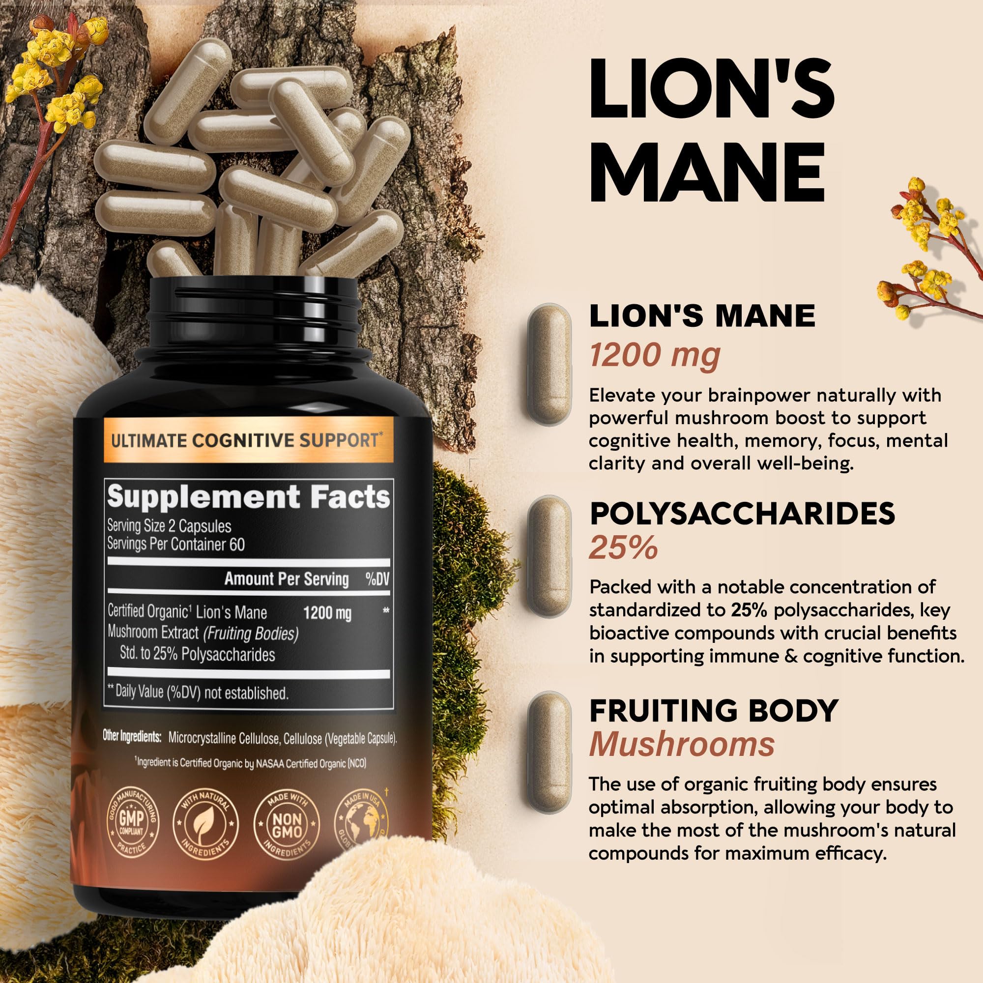 Organic Lions Mane - Certified Mushroom Supplement - Made in USA - Fruiting Bodies