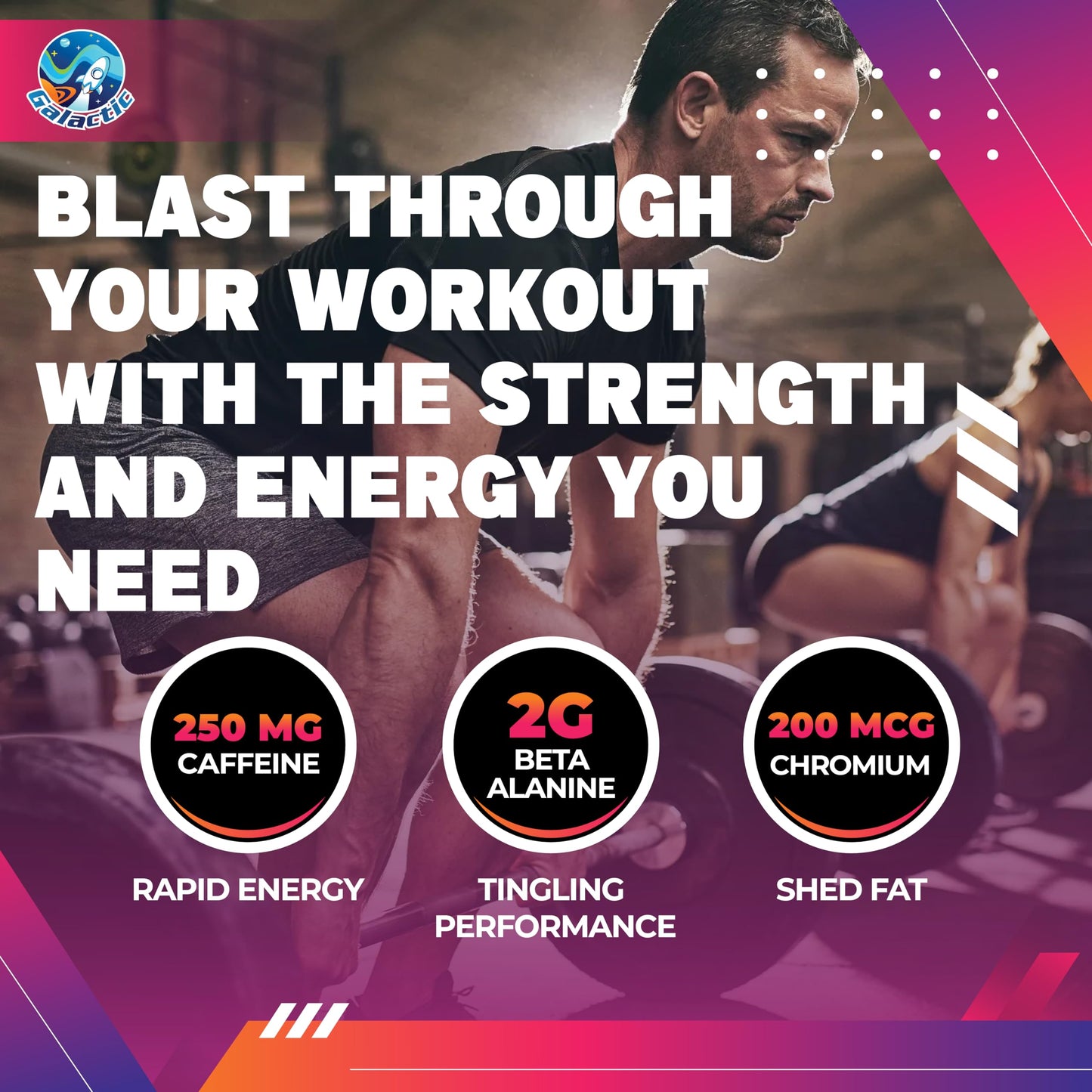 Galactic Pre-Workout Gummies, All Natural, 250mg Caffeine, Beta-Alanine, L-Citrulline, L-Theanine, Chromium Picolinate, 10 Servings