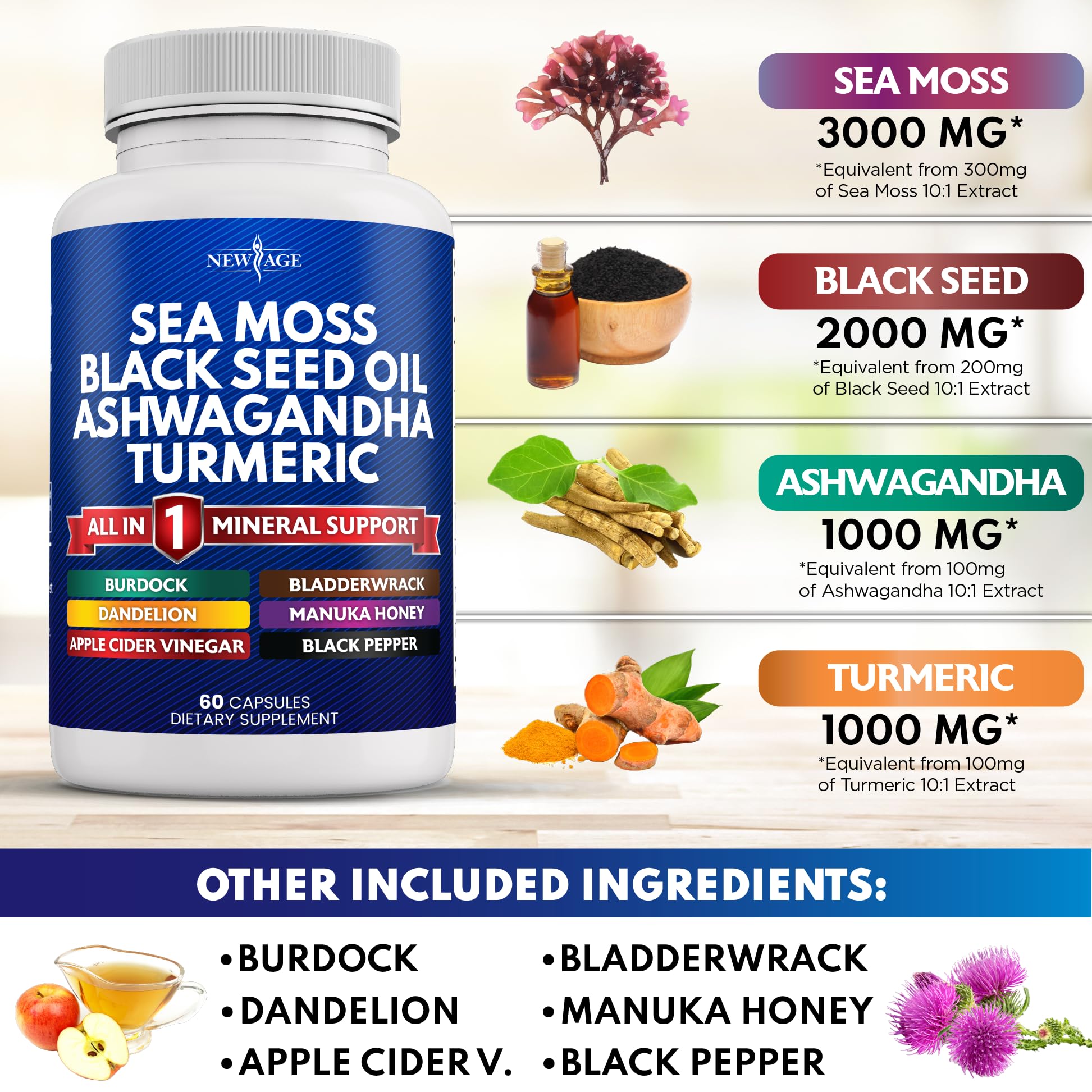 Silica Sea Moss 3000mg Black Seed Oil 2000mg Ashwagandha 1000mg Turmeric 1000mg NEW AGE