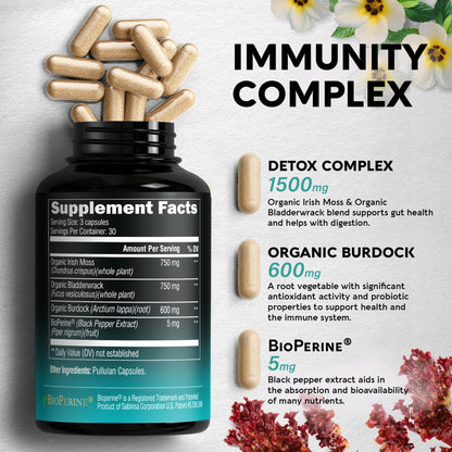 Irish Sea Moss Capsules - Made with Organic Sea Moss, Bladderwrack & Burdock Root - Made in USA - Advanced Superfood - Natural Multi Supplements Blend - Immunity & Energy Support - 90 Vegan Capsules
