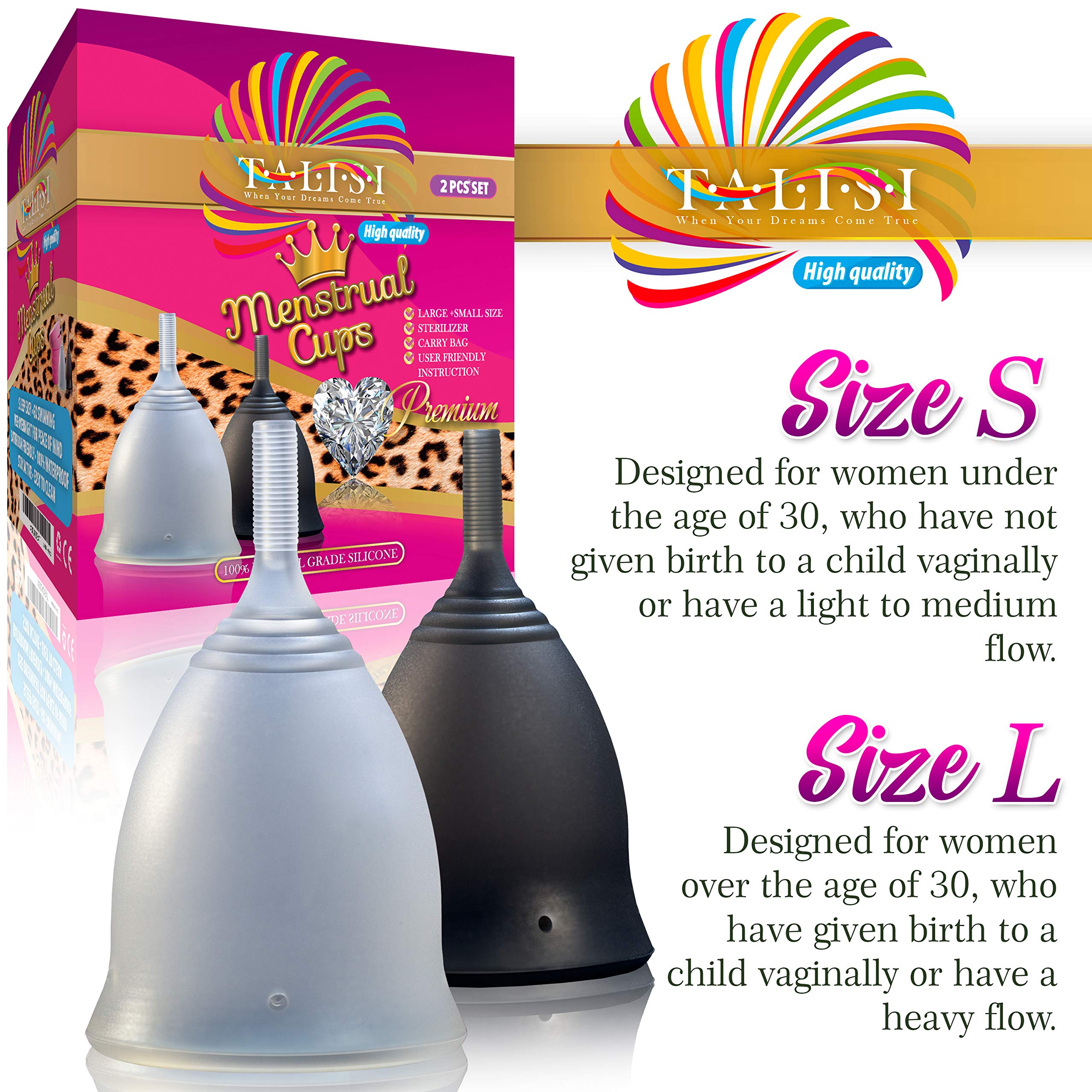 Talisi Soft Menstrual Cups Set of 2 - Reusable Period Cup for Women with Collapsible Case Holder Sterilizer TALISI WHEN YOUR DREAMS COME TRUE