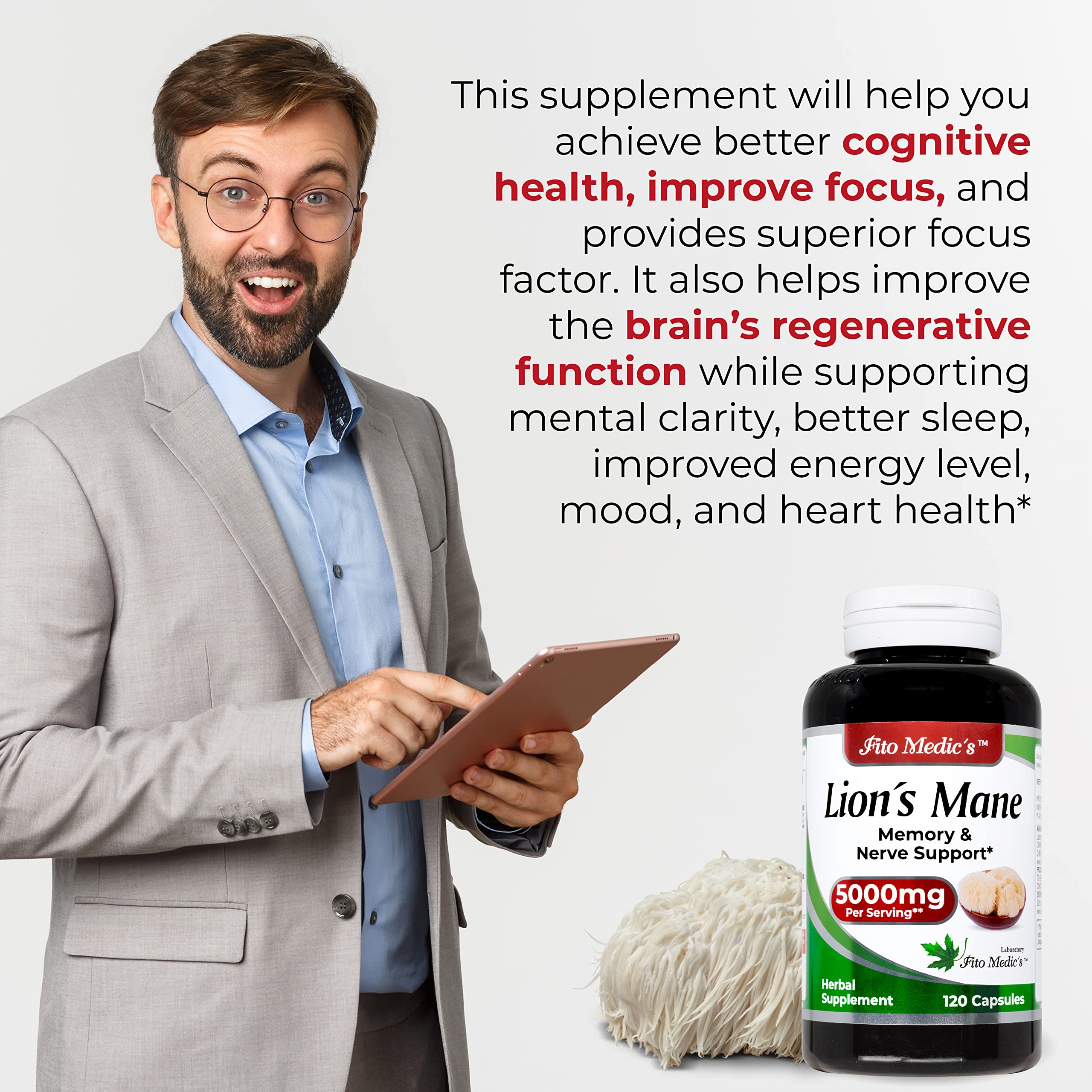Lab | Lions Mane | 5000 mg per Serving | 120 Capsules | lions mane supplement | lions mane FITO MEDIC'S
