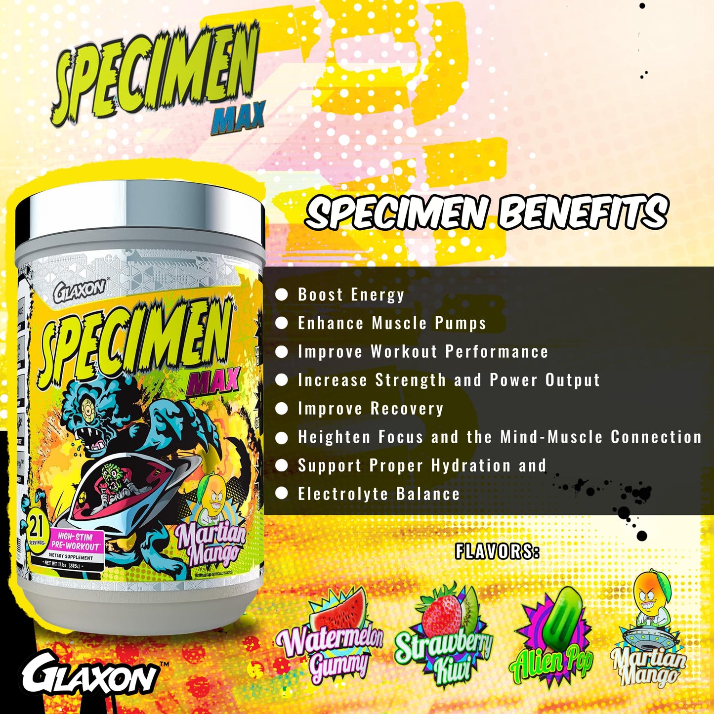Glaxon Specimen Max High Stim Pre-Workout | 400mg Caffeine + 3200mg Beta Alanine for Maximum Energy, Pump & Focus | 21 Servings (Martian Mango)