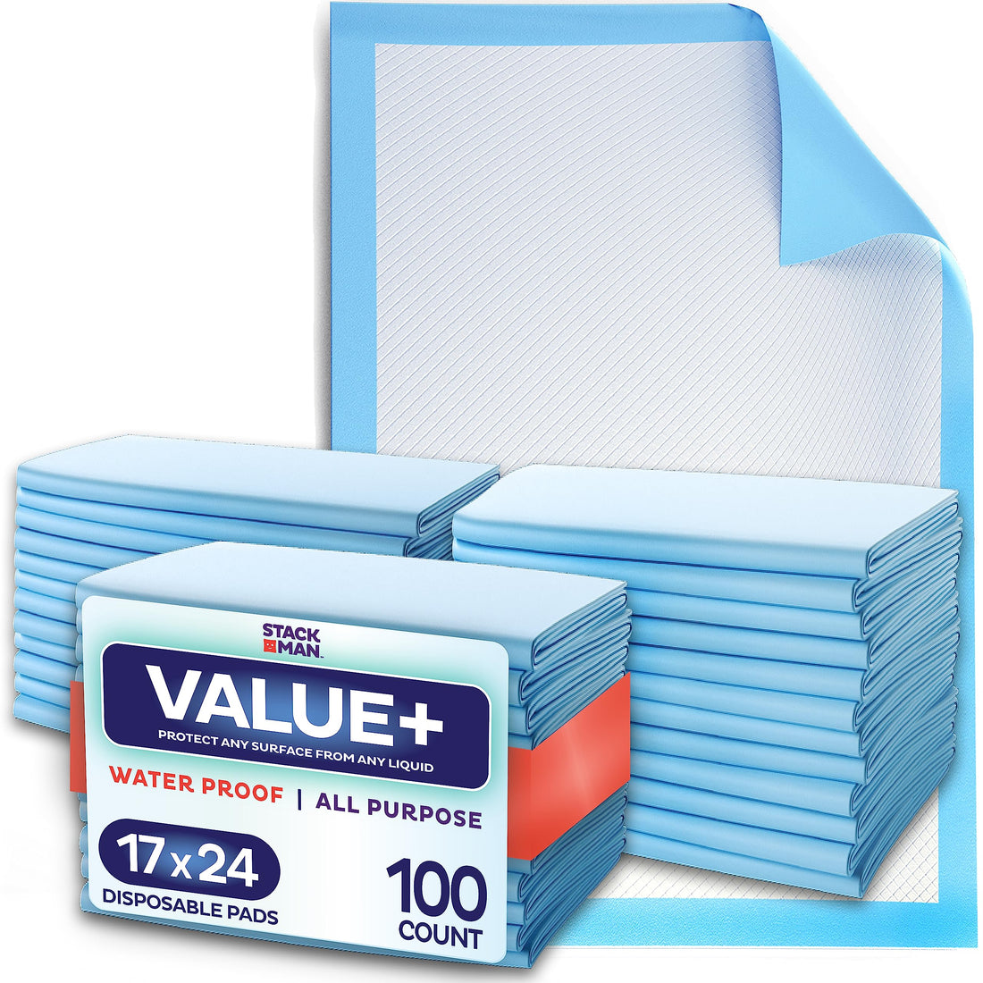 Chucks Pads Disposable [100-Pack] Underpads 17"x 24" Incontinence Chux Stack Man