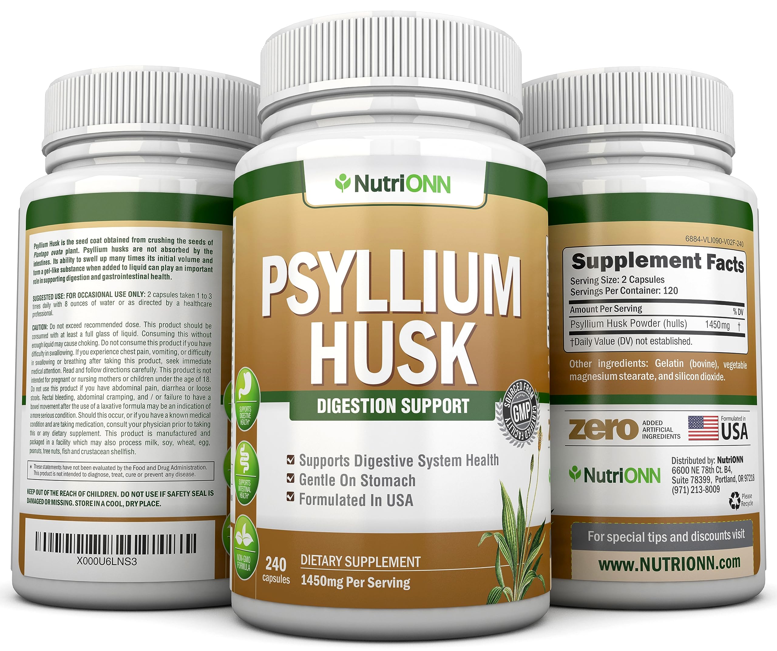 NutriONN PSYLLIUM Husk Capsules - 1450mg Per Serving - 240 Capsules - Double Strength NutriONN