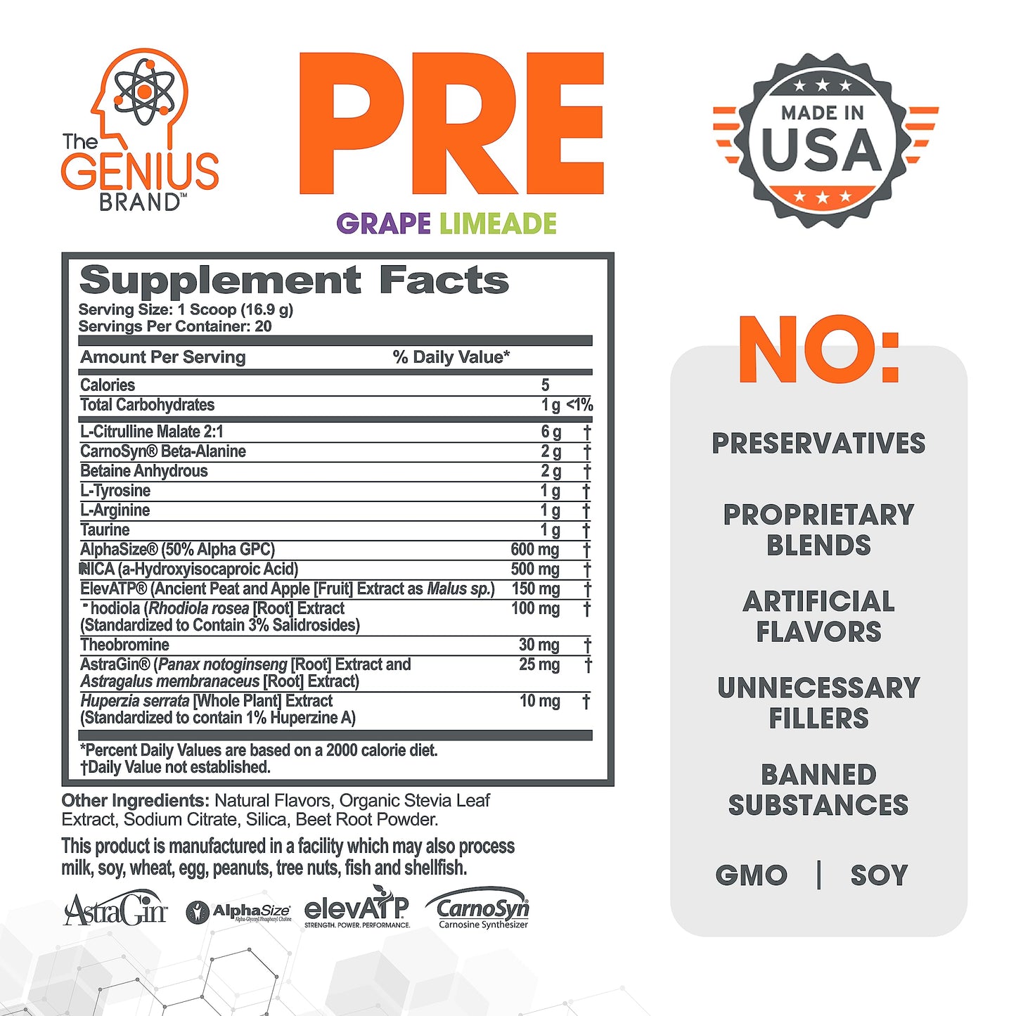 Genius Pre Workout Powder, Grape Limeade - All-Natural Nootropic Pre-workout