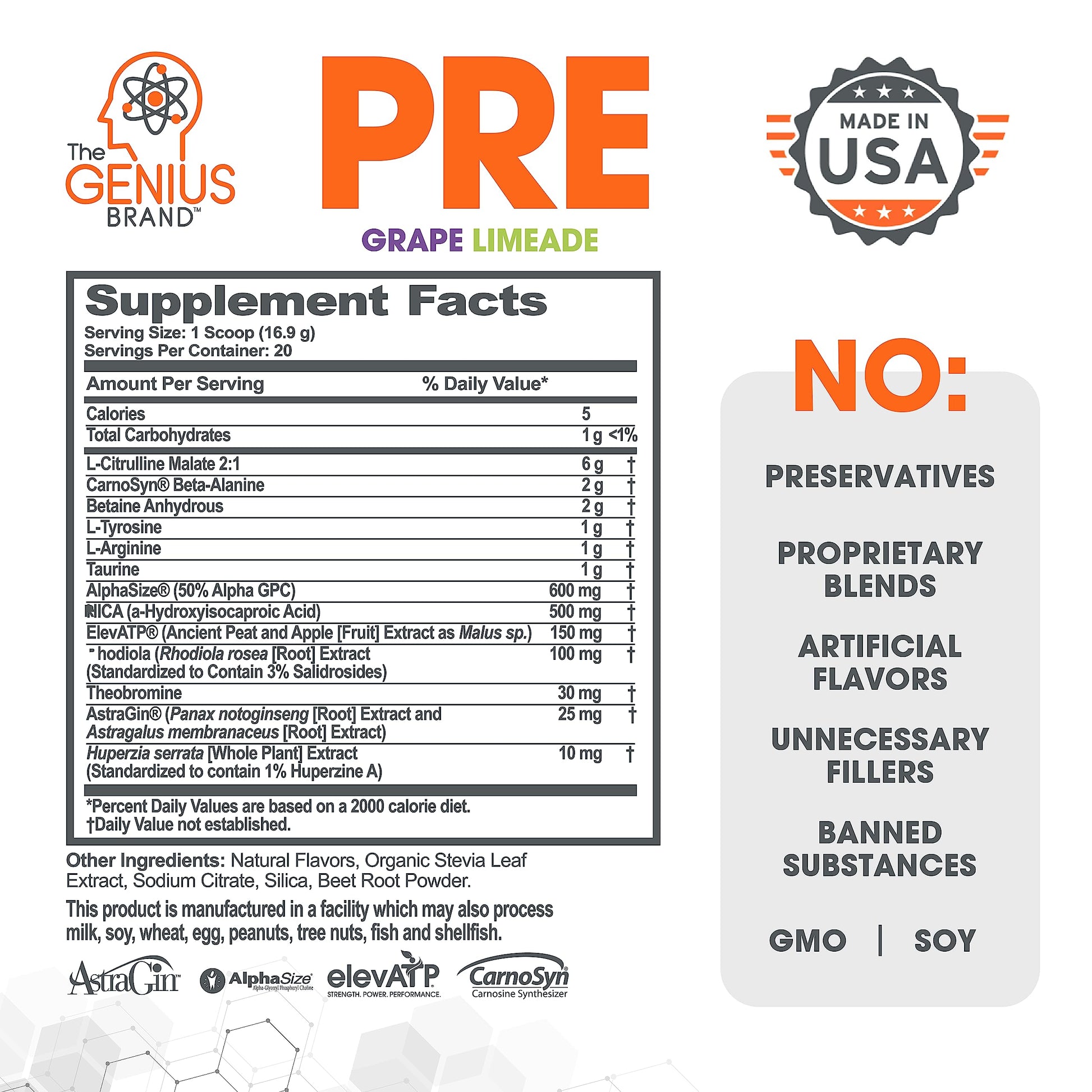 Genius Pre Workout Powder, Grape Limeade - All-Natural Nootropic Pre-workout The Genius Brand