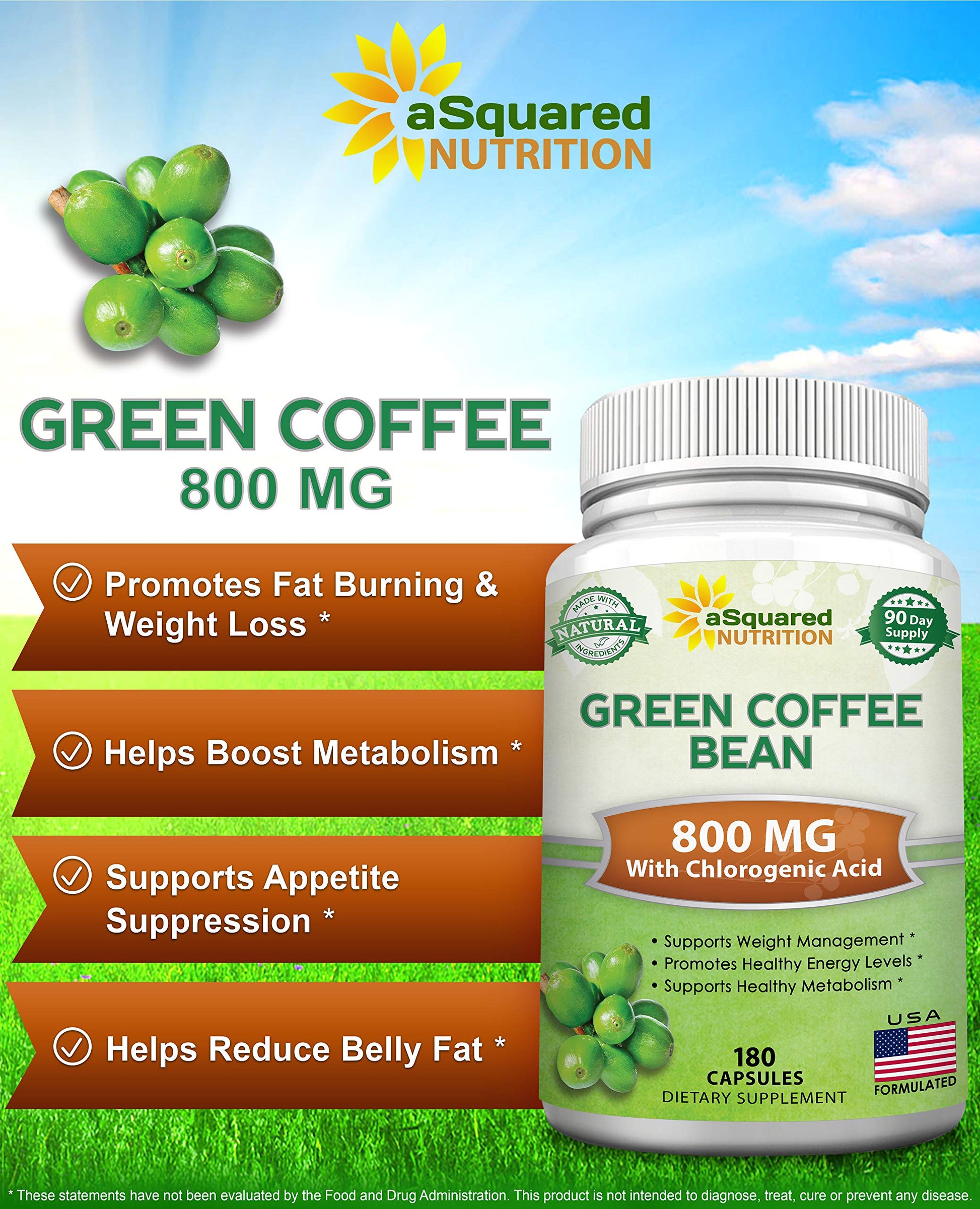 aSquared Nutrition Natural Green Coffee Bean Formula-180 Capsules-Max Strength GCA aSquared Nutrition