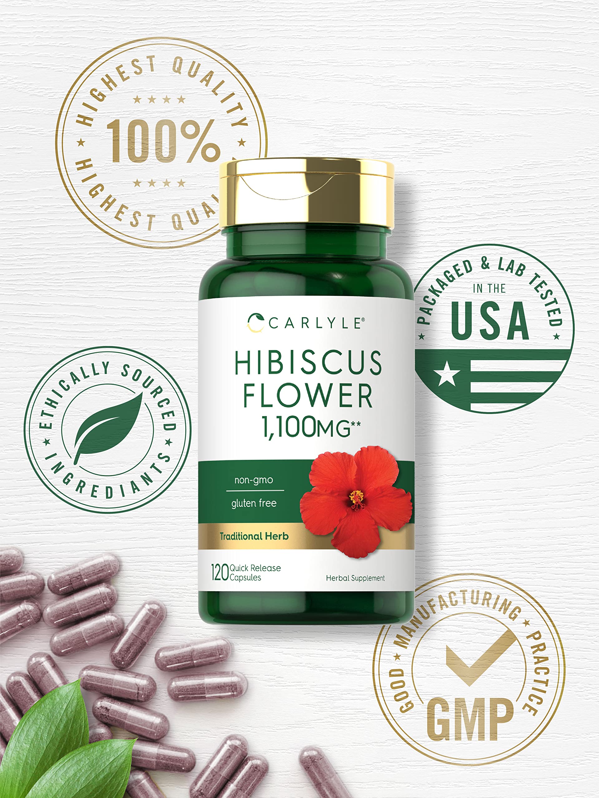 Hibiscus Flower Extract 1100 mg | 120 Capsules | Non-GMO, Gluten Free Supplement Carlyle